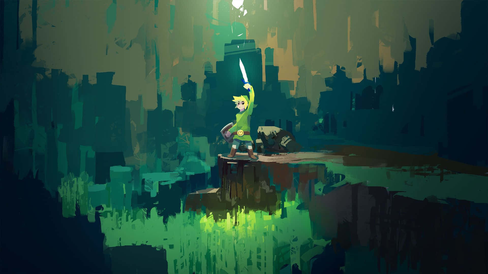 Link, die jong protagonis van The Legend of Zelda, met die Triforce in sy hand. Muurpapier