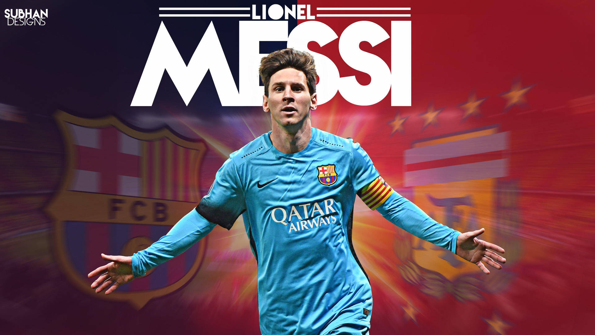 Lionel Messi met FCB en AFA spanlogo's muurpapier