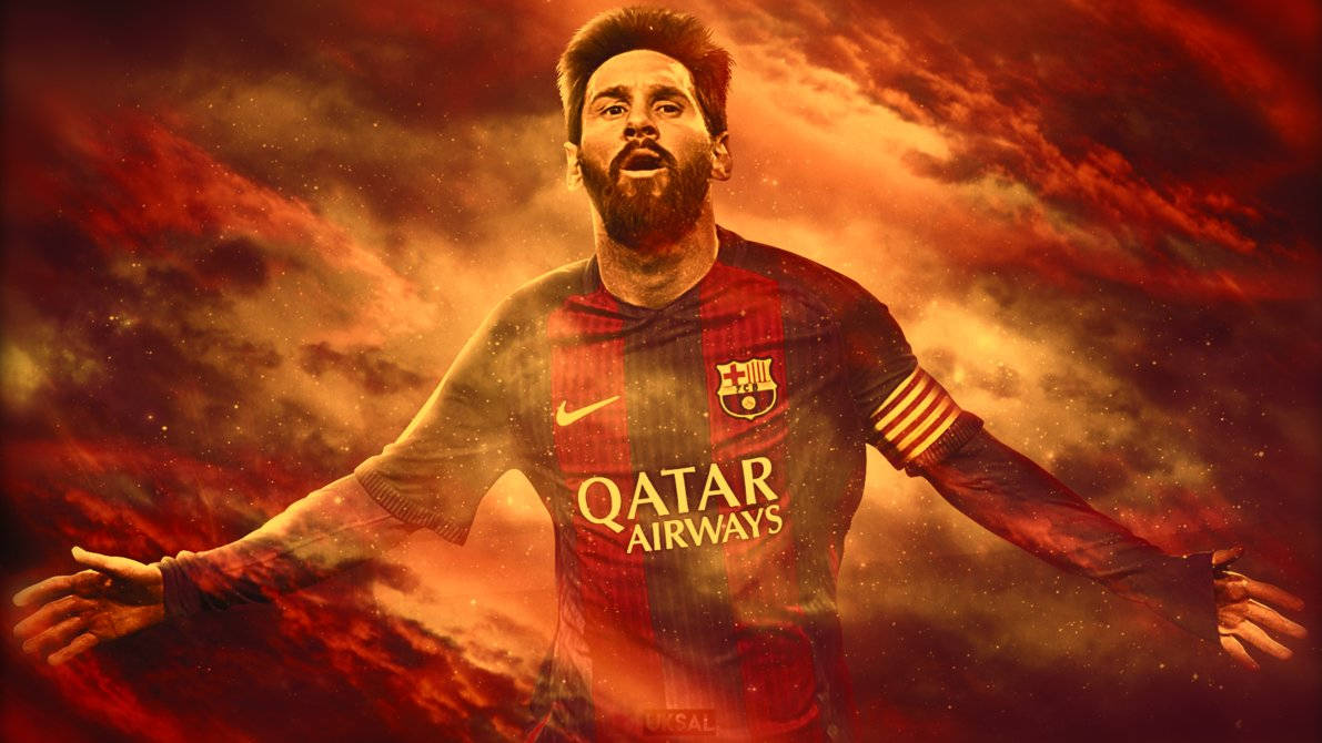 Digitale kuns muurpapier van Lionel Messi op abstrakte oranje vuur
