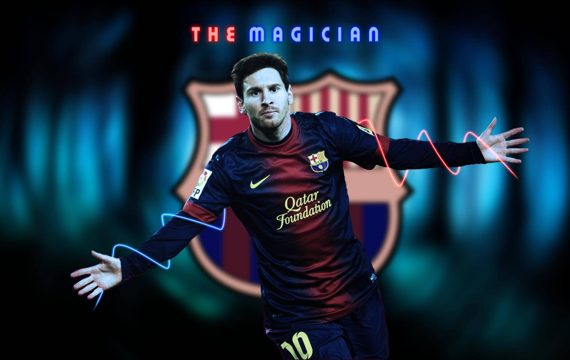 Lionel Messi met The Magician-teks en FCB-logo-wallpaper