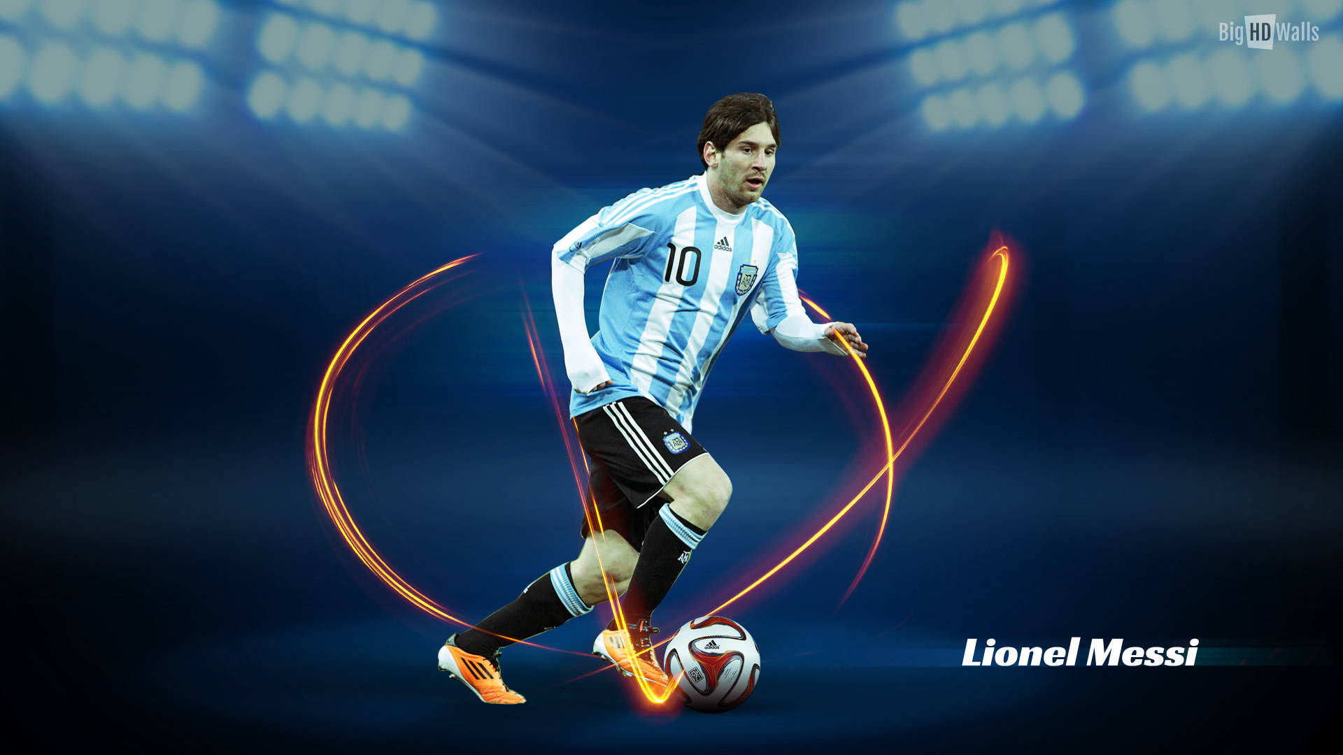 Kunswallpaper van Messi wat AFA-trui dra in blou veld