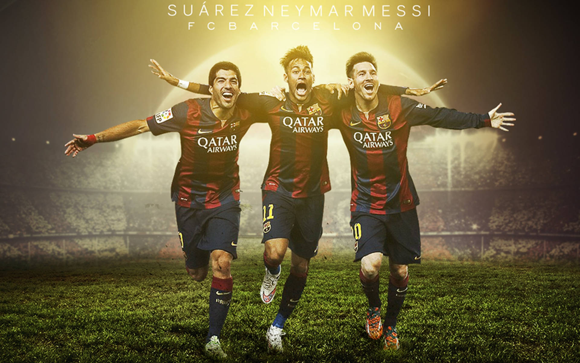 Messi Suarez Neymar-sokkerdrie wat in 'n veld hardloop wallpaper