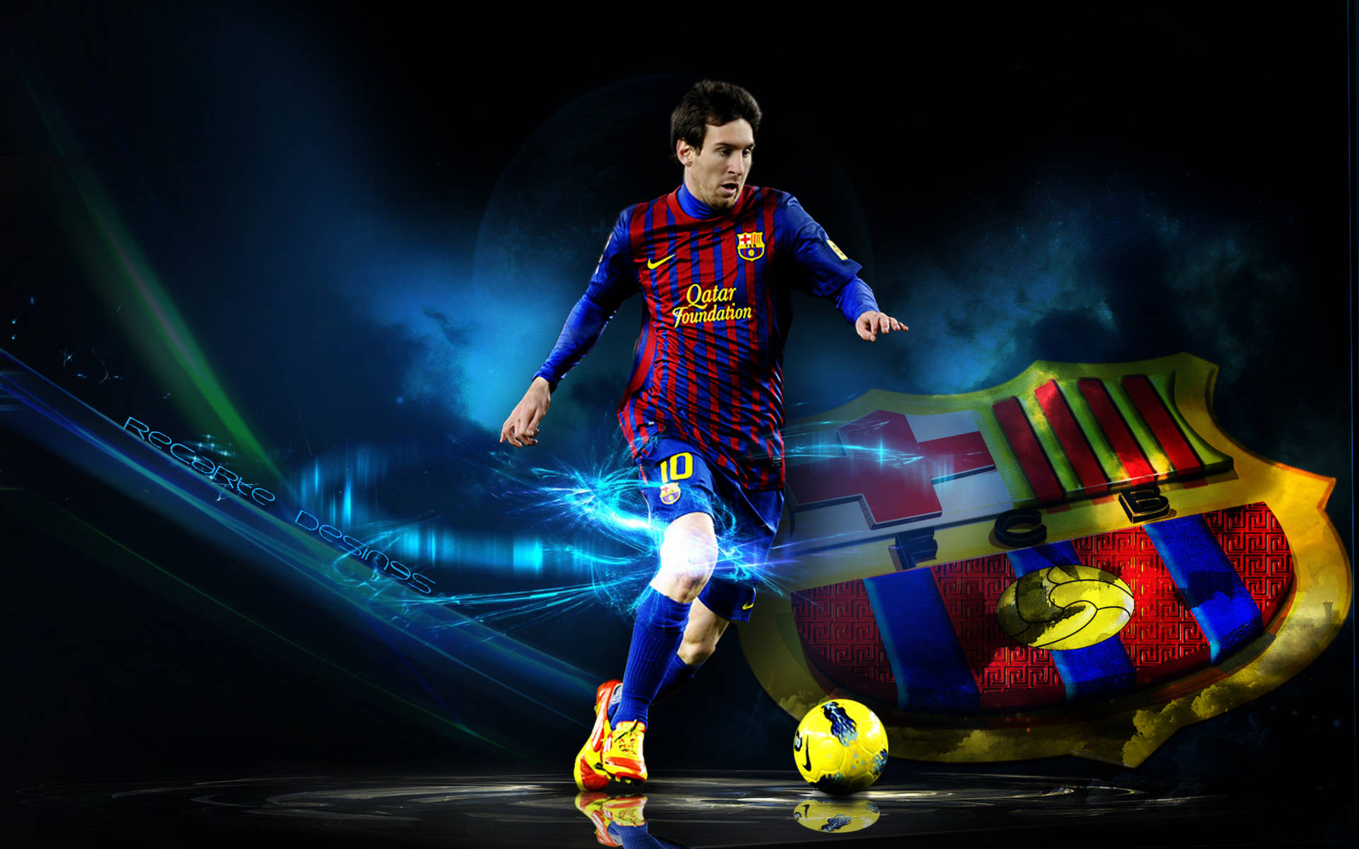 Lionel Messi met 3D FC Barcelona-spanlogo-kuns agtergrond