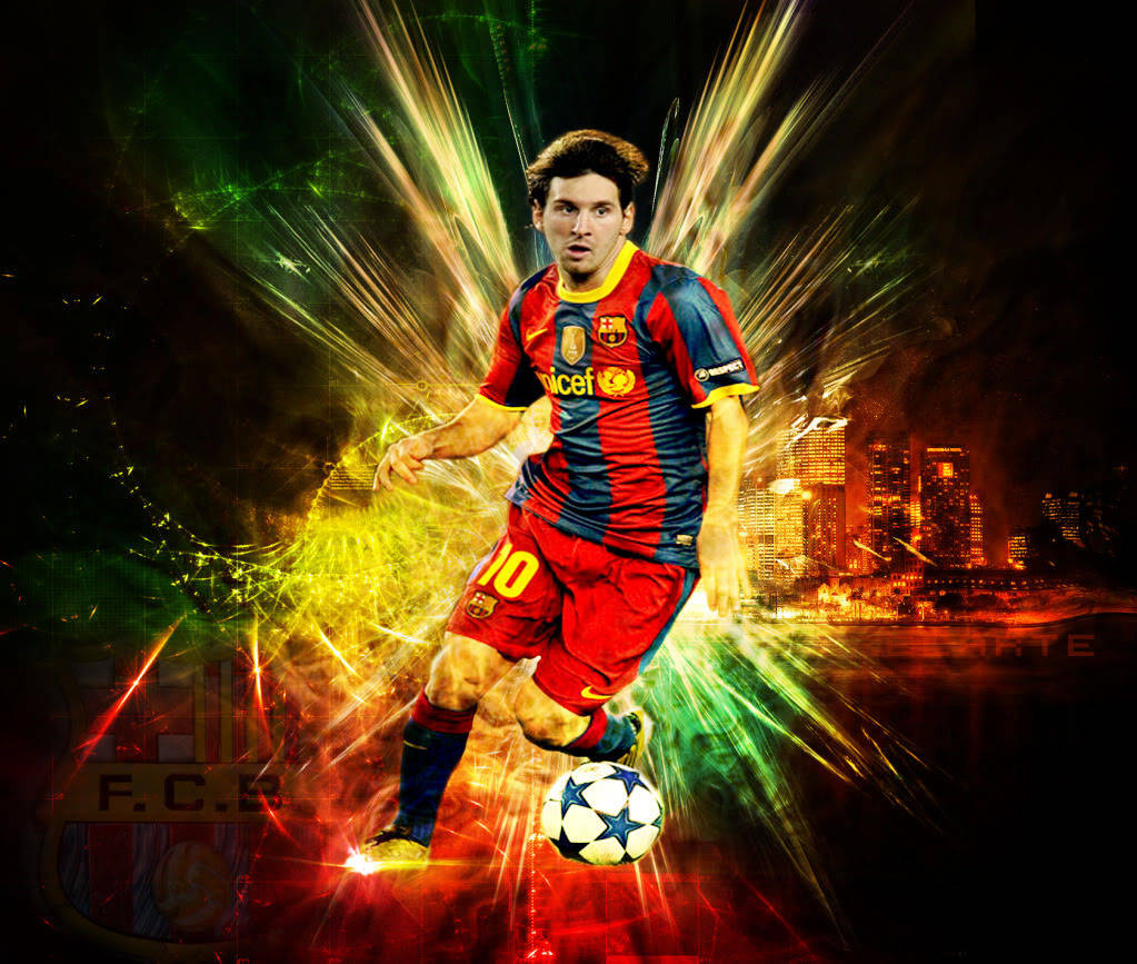 Lionel Messi met helder ligte en stadskylyn kuns agtergrond