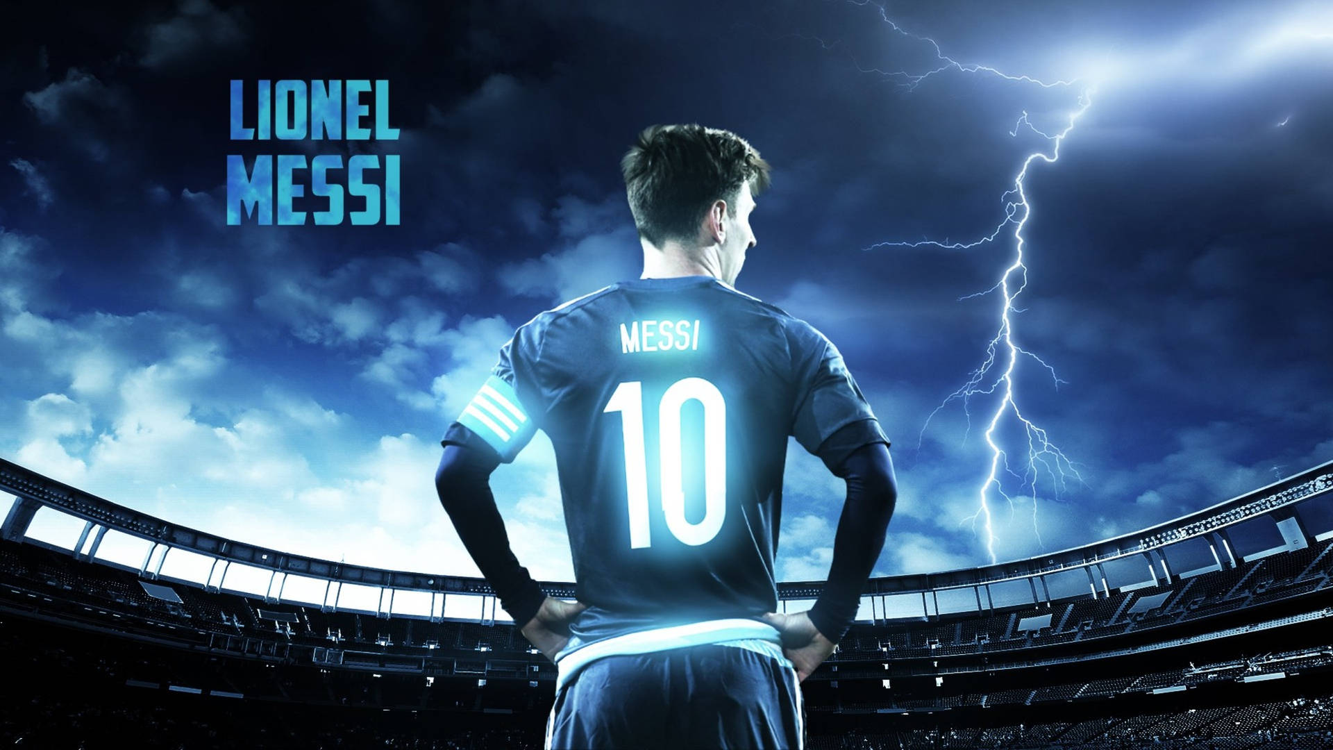 Lionel Messi by stadion onder blou weerlighemel agtergrond