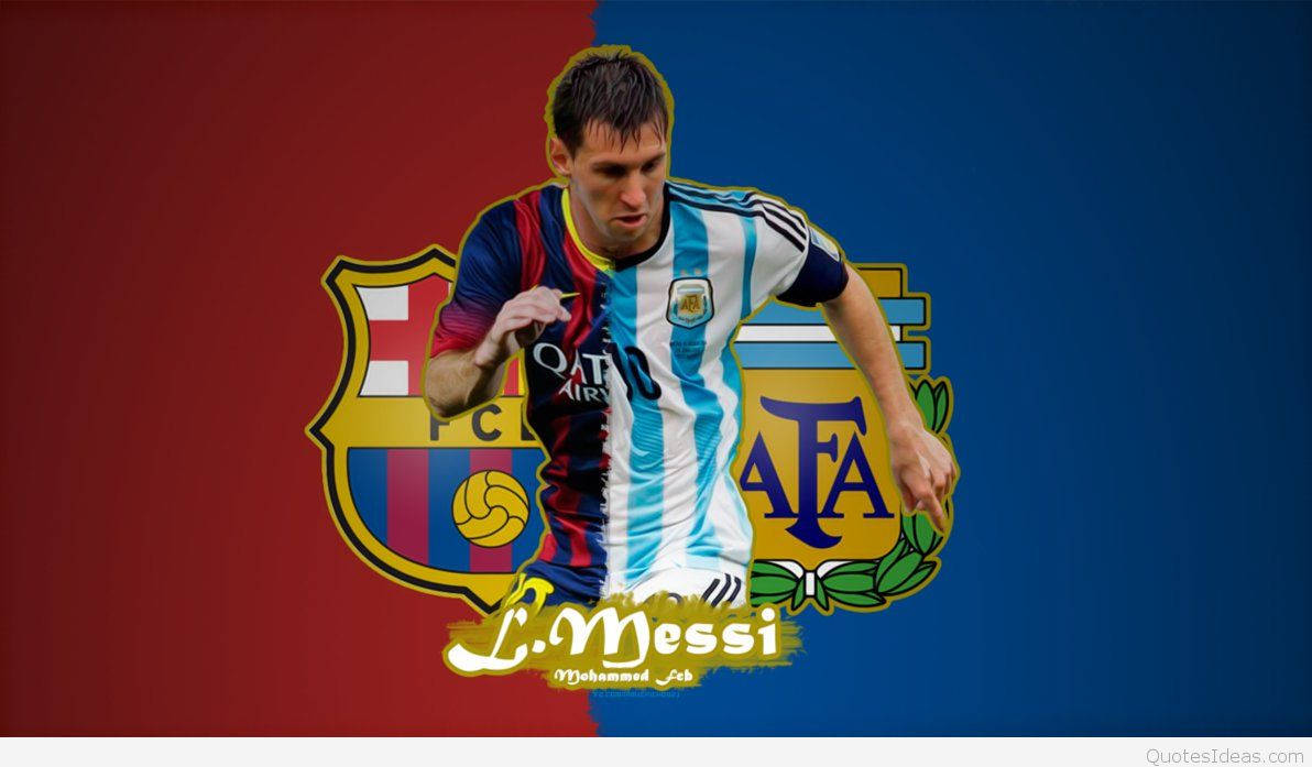 Fan kuns agtergrond van Lionel Messi met FCB en AFA span logo's