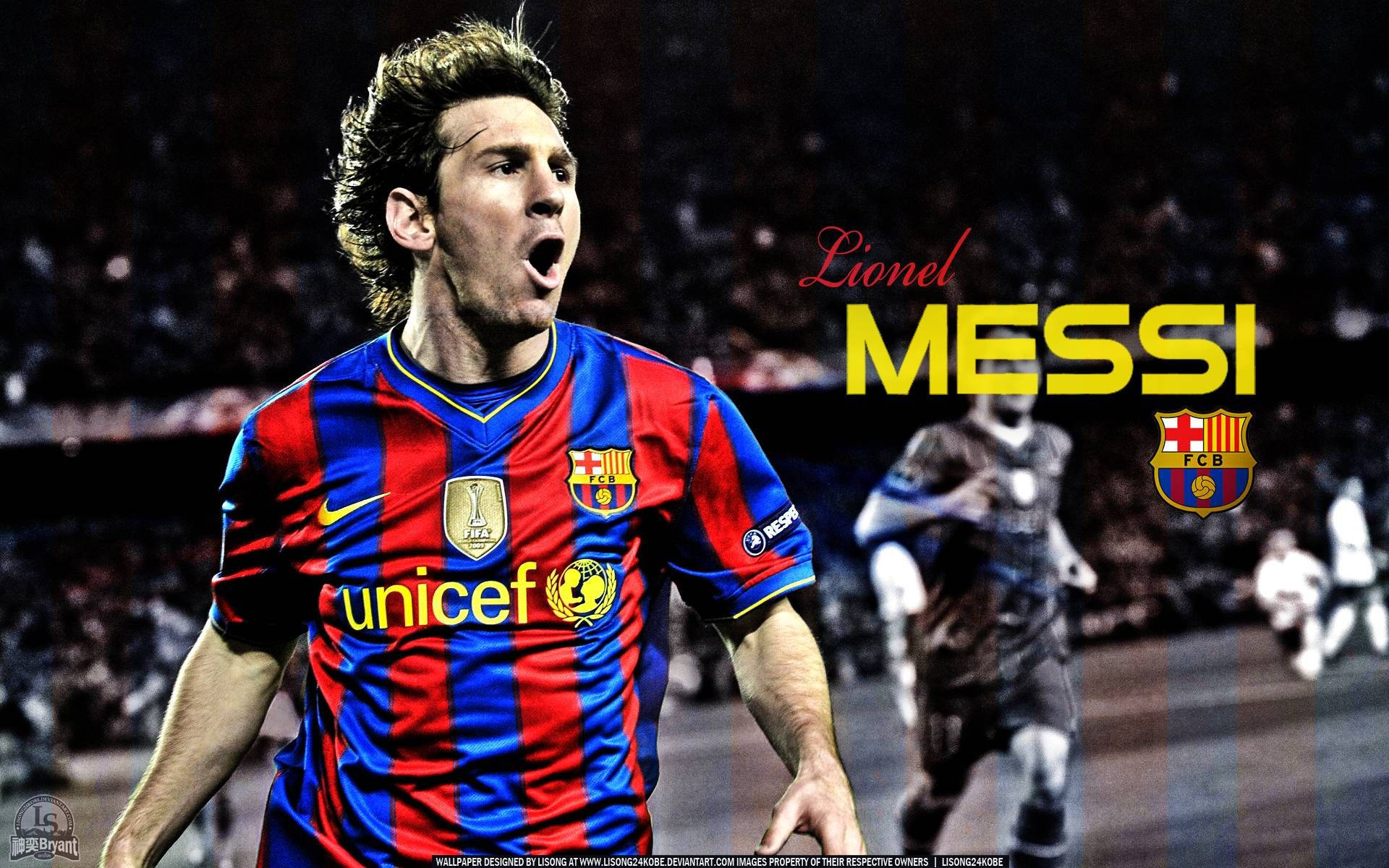 Messi wat juig in FC Barcelona UNICEF-trui-wallpaper