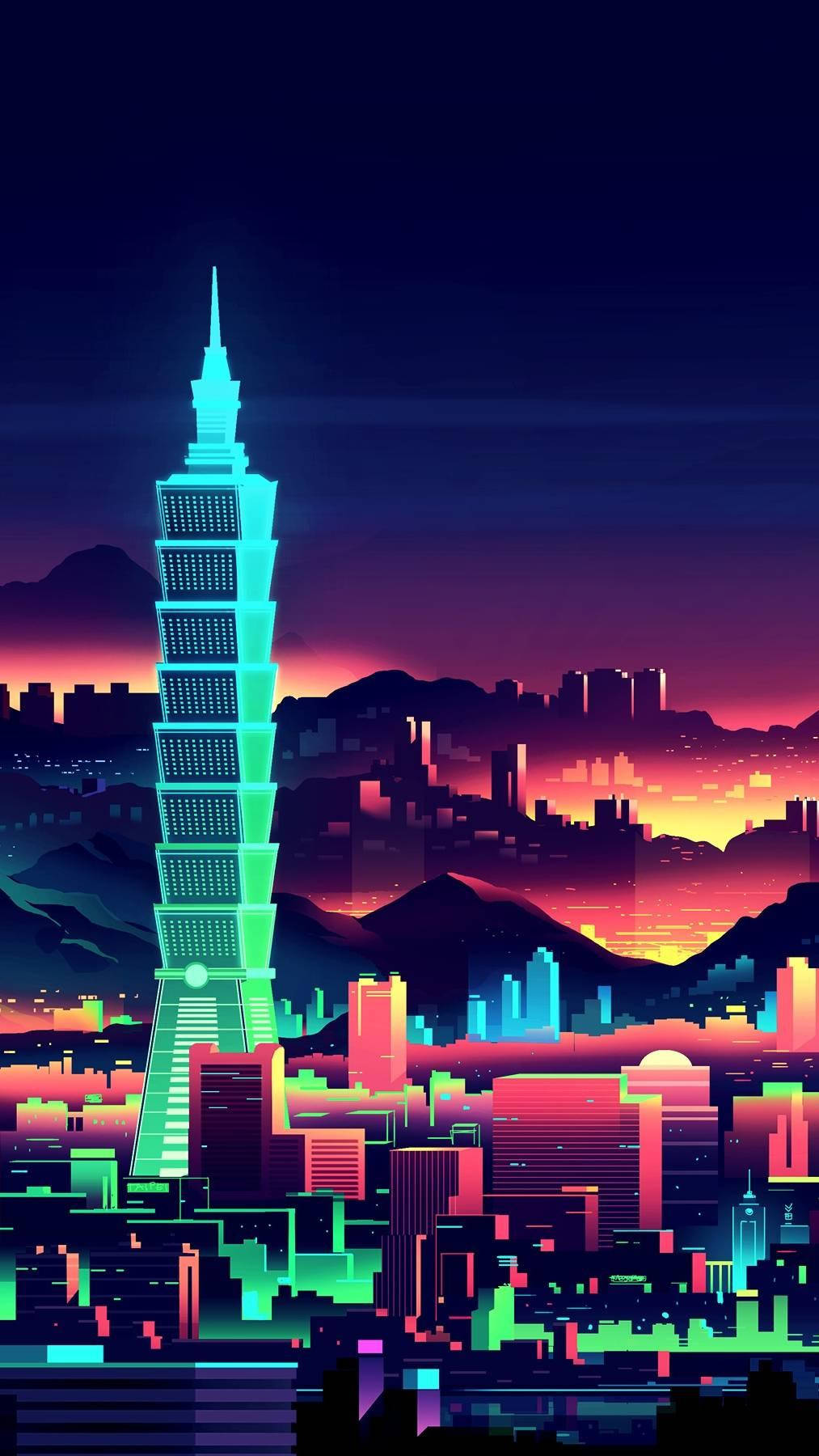 Lo Fi iPhone Neon Stad Muurpapier