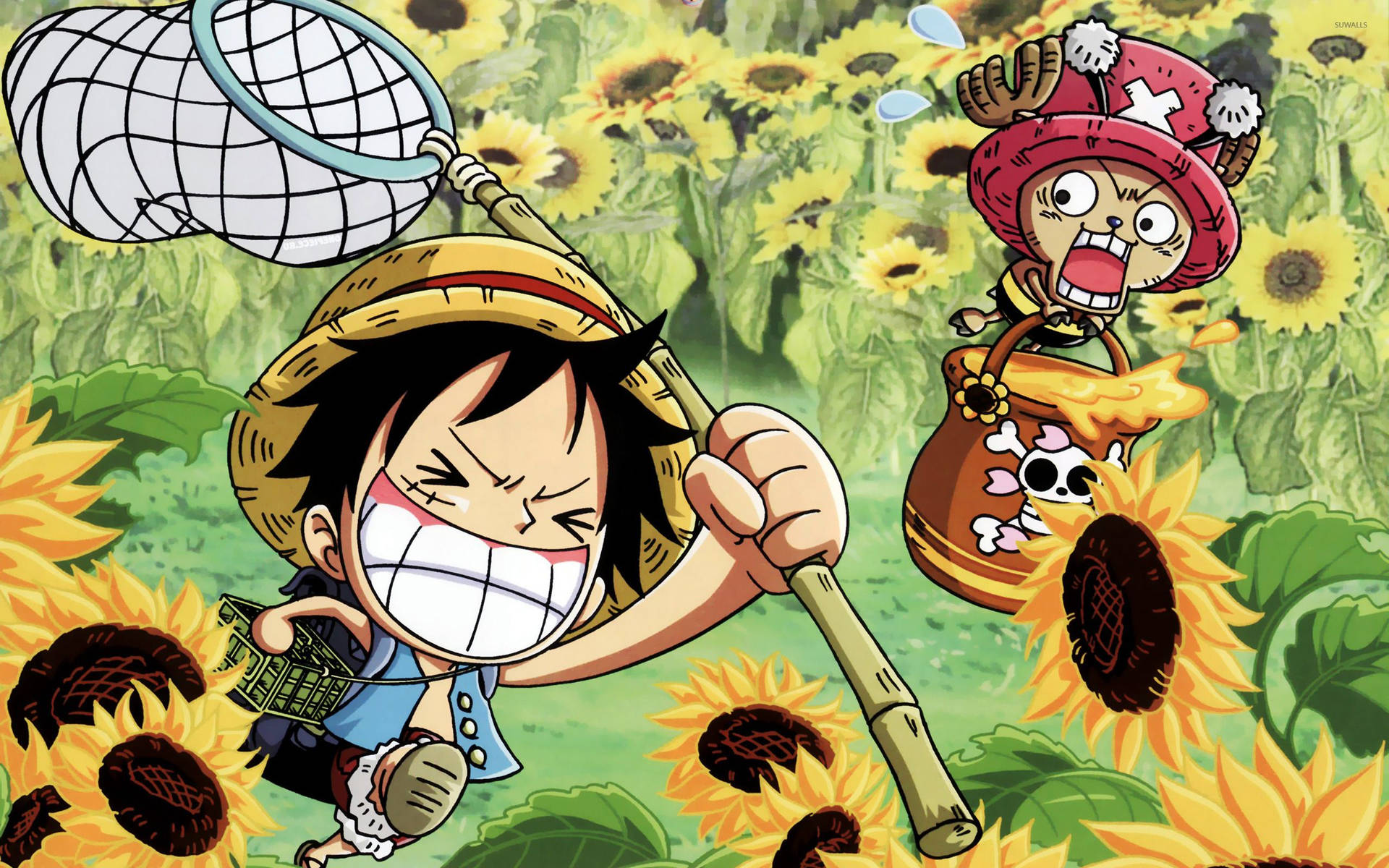 One Piece Luffy en Chopper in 'n sonneblomveld agtergrond.