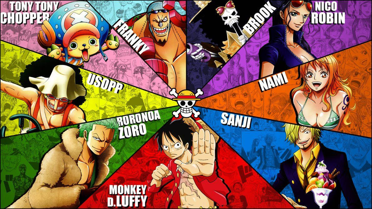 Luffy en die res van die Strooihoed-piratebemanning in 'n One Piece-kleurwiel-agtergrond.