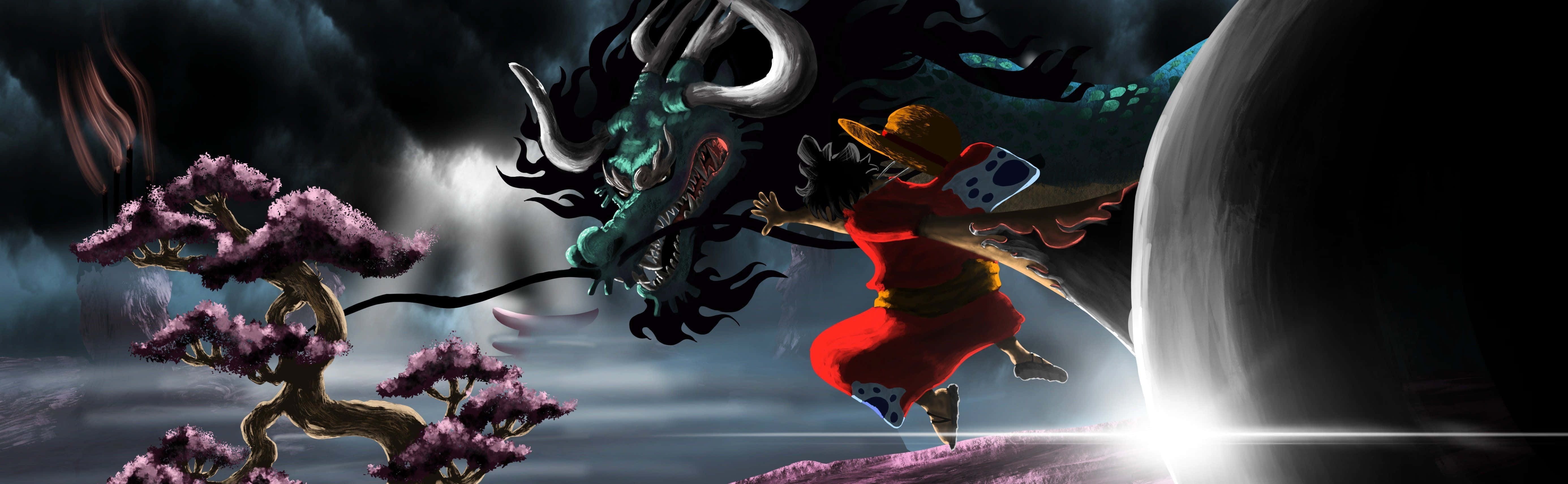 Luffy en sy Stroohoed-piratebemanning vaar uit vir hul volgende avontuur in die anime-reeks One Piece. Muurpapier