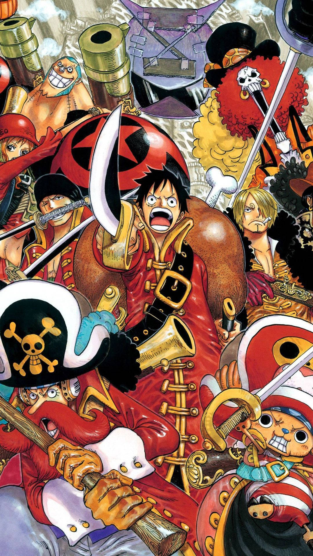 One Piece-kuns van Sanji, Nami, Robin, Luffy en ander pirate-agtergrond.
