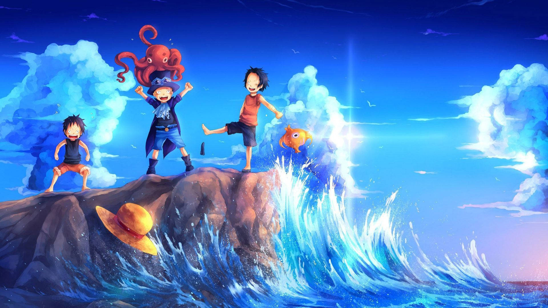 Klein Luffy, Portgas en Sabo wat by die see speel in One Piece vektorkuns agtergrond.
