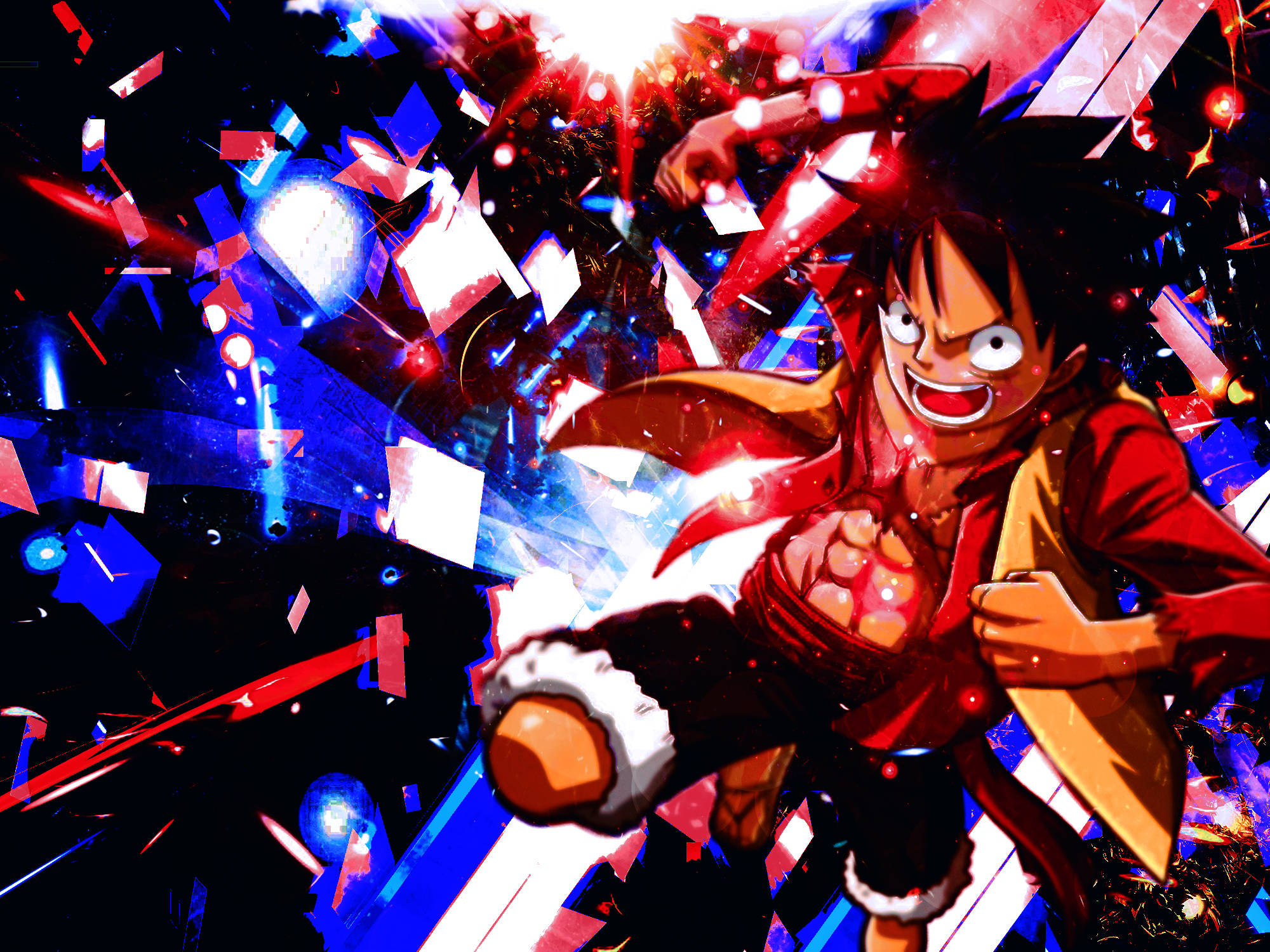 Luffy Op Rooi Blou Agtergrond Muurpapier