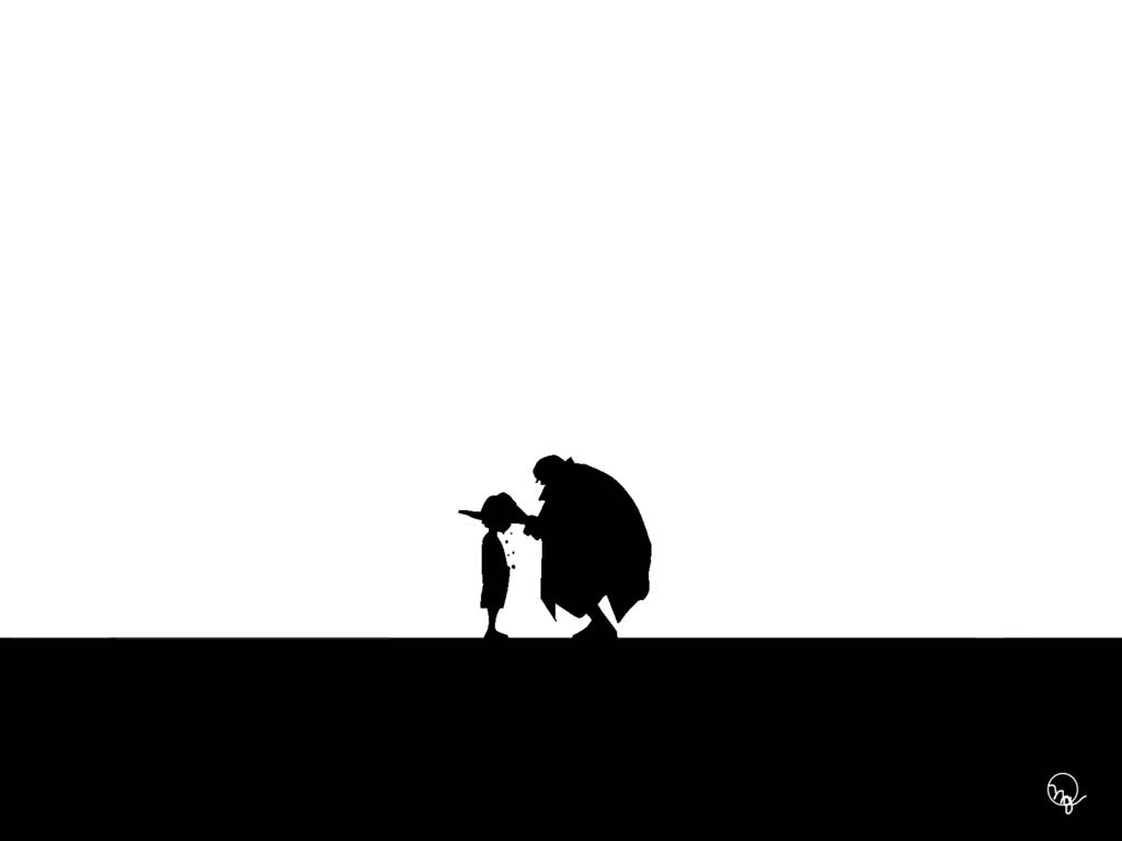 Silhoeët van Shanks wat 'n strooihoed oor Luffy se kop sit in One Piece-agtergrond.