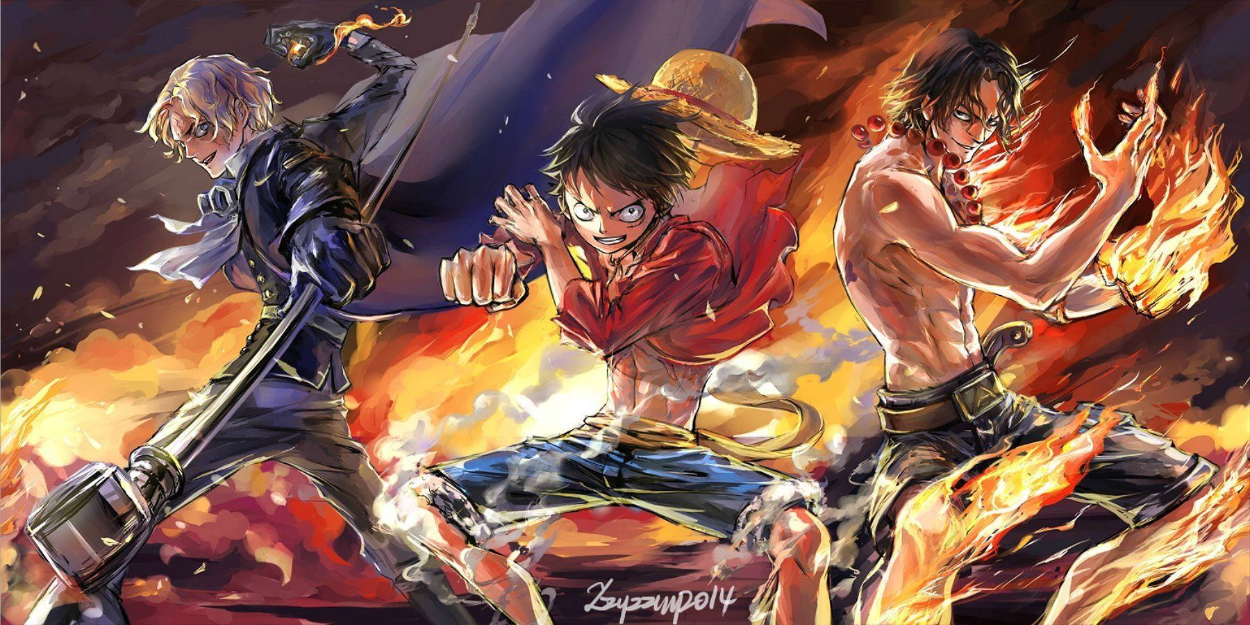 One Piece vurige kunswerk van Luffy, Ace en Sabo-agtergrond.
