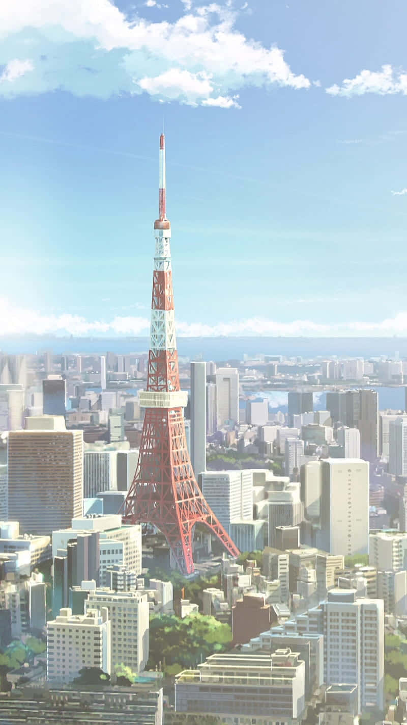 Lugfoto van Tokio Anime-toring Muurpapier