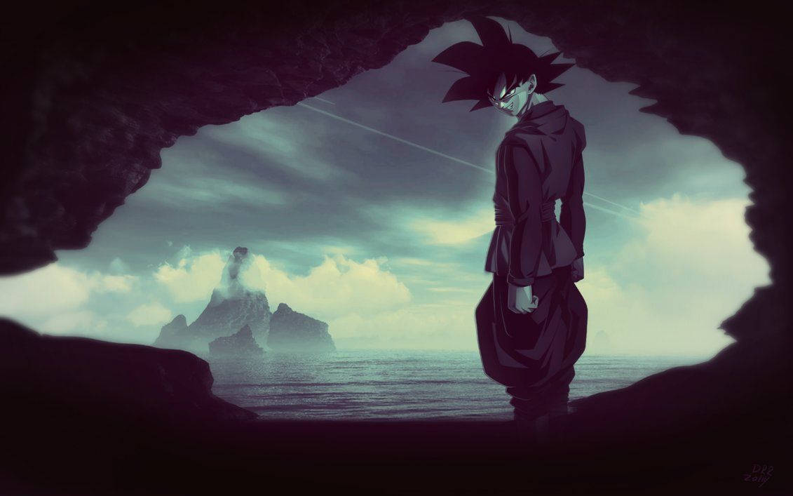 Goku-agtergrond in swart-en-wit landskap.