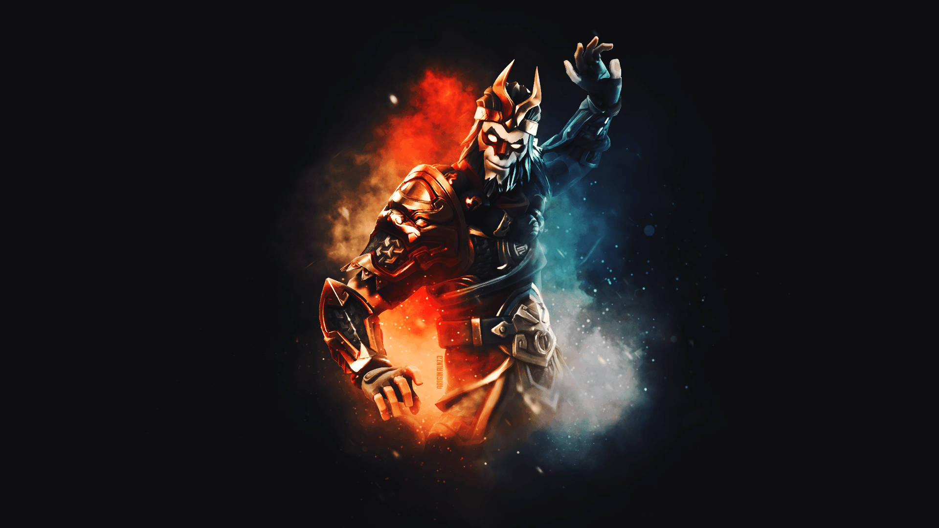 'n Fan-kuns van 'n karaktervel in die speletjie Fortnite genaamd Shogun op 'n gewone swart agtergrond HD-muurpapier.