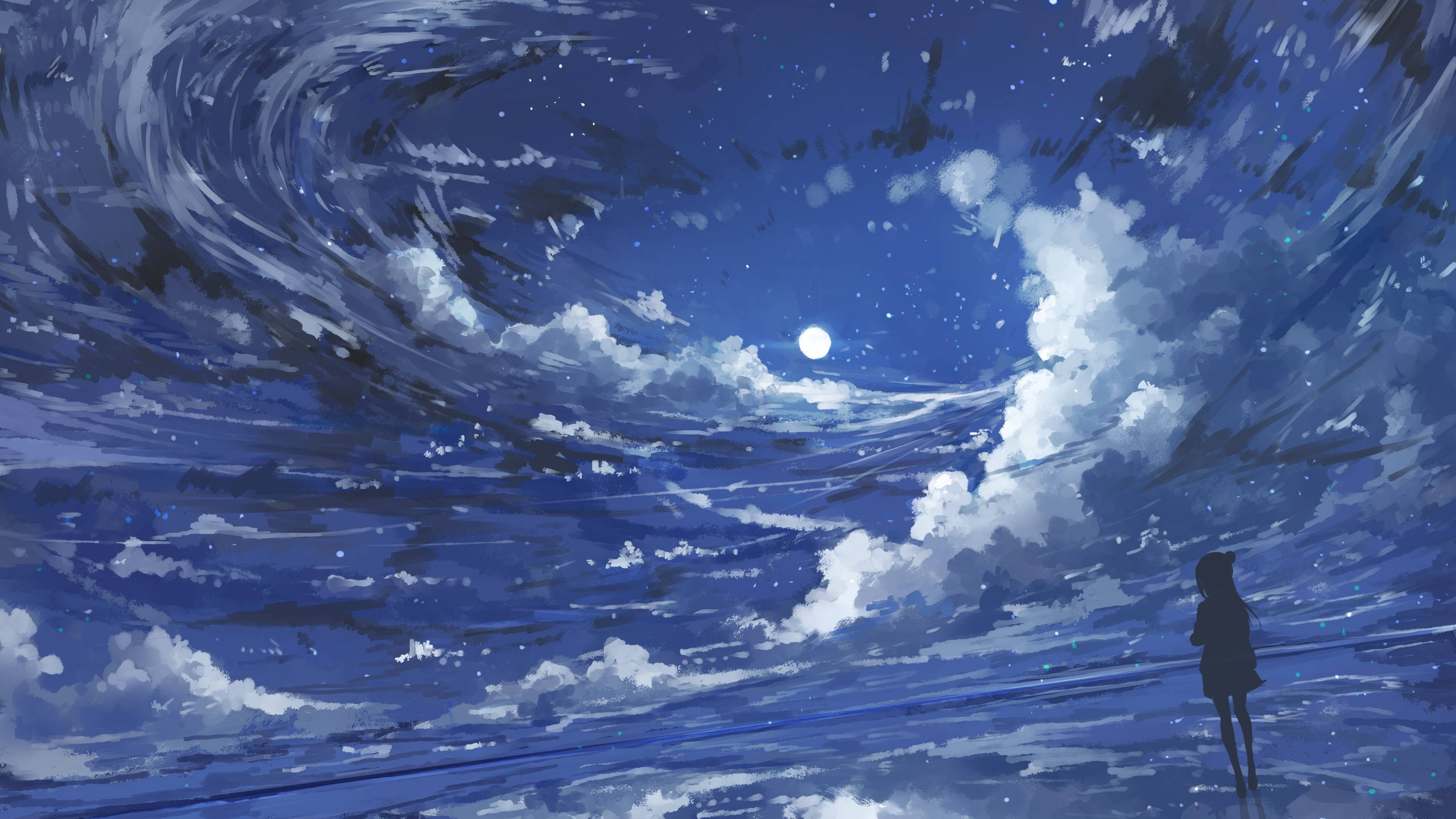 Maan 4K Anime Meisie Bewolkte Lug Muurpapier