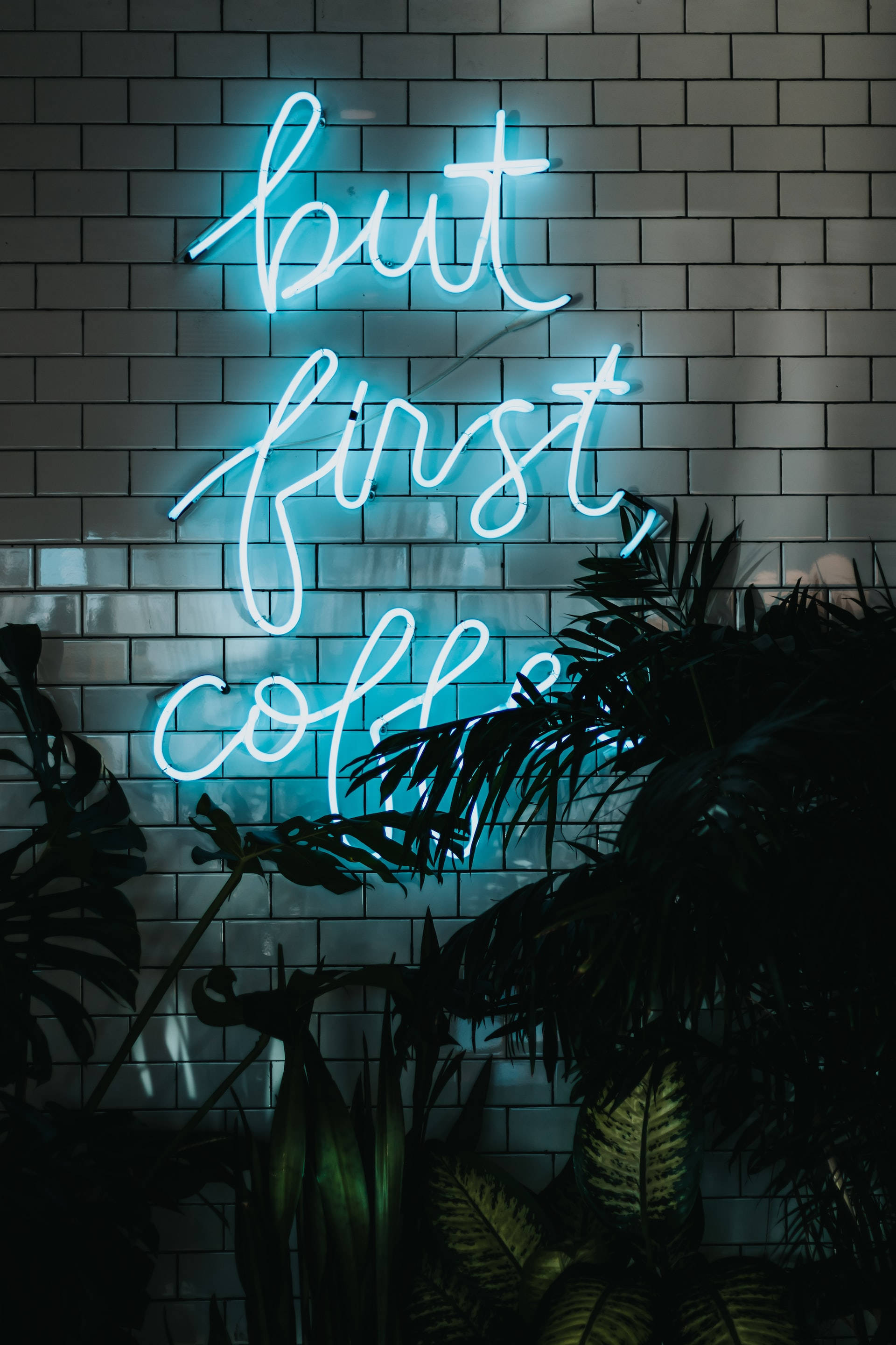 "Maar Eers Koffie" in Neonblou iPhone Muurpapier