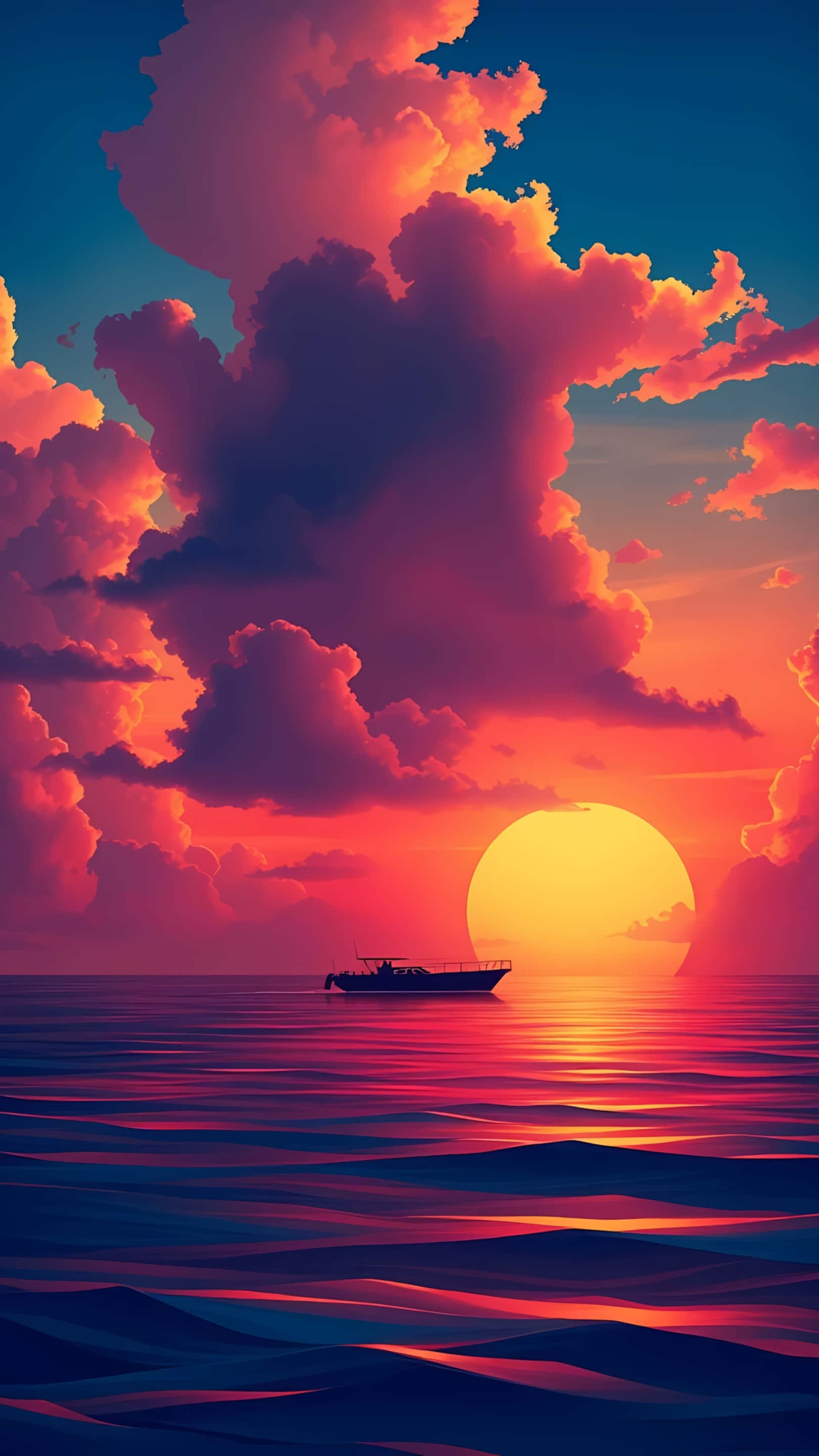Majestueuse Sonsondergang oor Stille See met Silhoeetboot Muurpapier