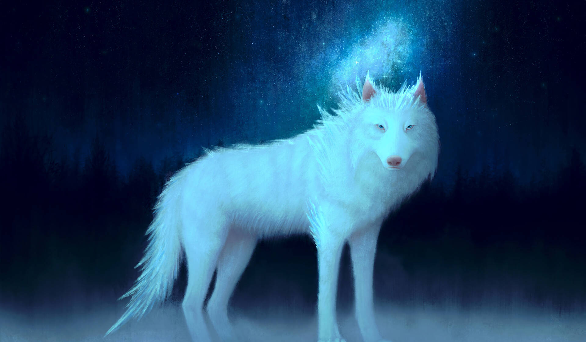 Fantasy wit wolf kuns in donkerblou lug en bos agtergrond.