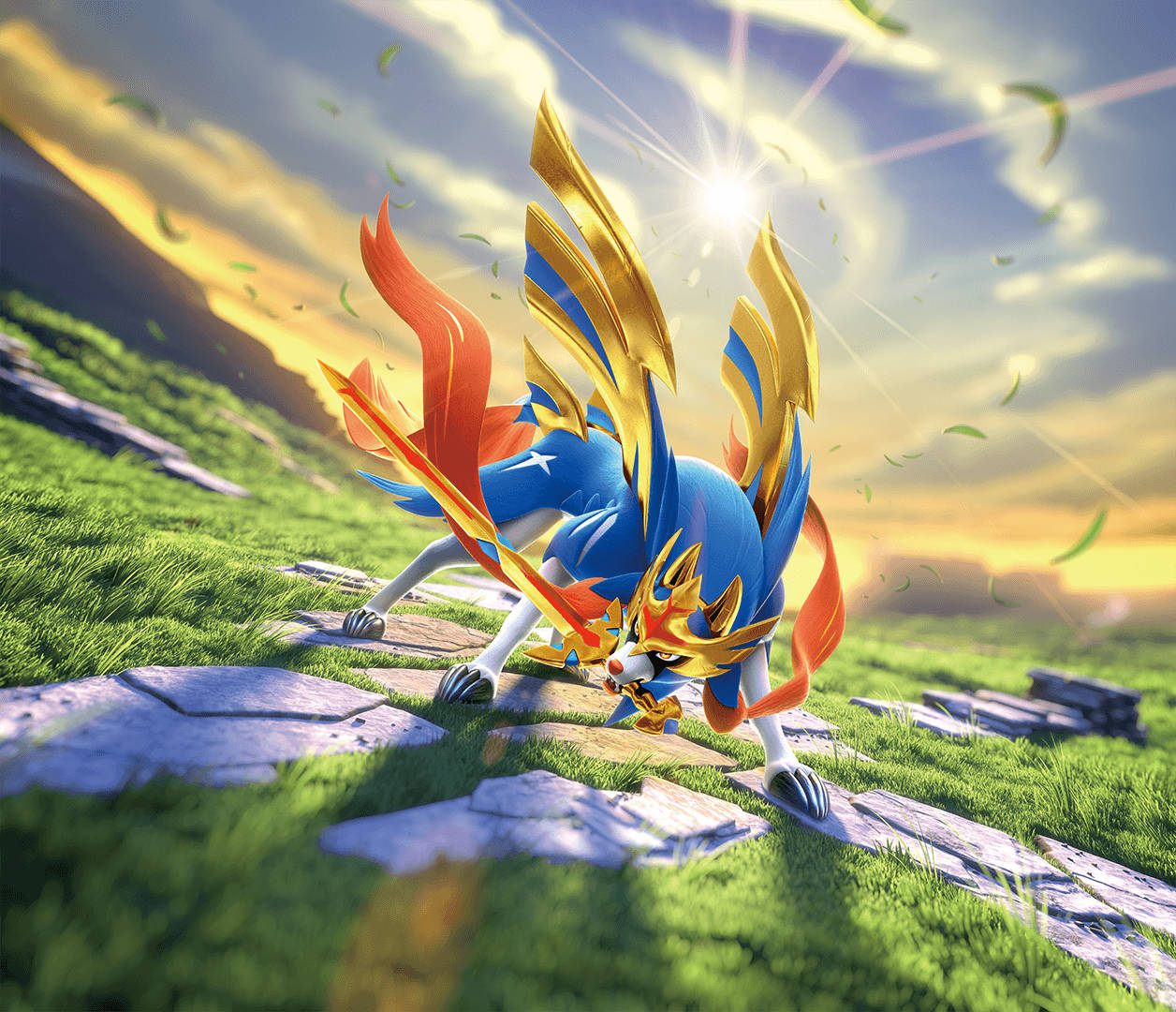 Majestueuse Zacian op Grasagtige Landskap Muurpapier