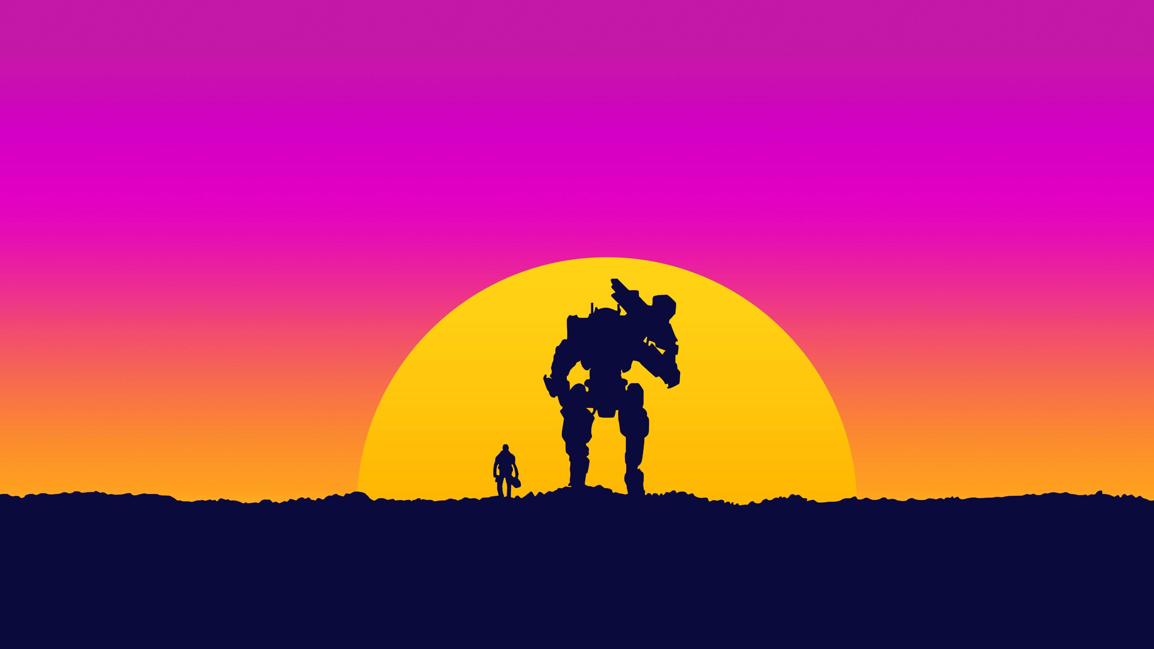 Man en Robot Speletjies Speel teen Sonsondergang Muurpapier