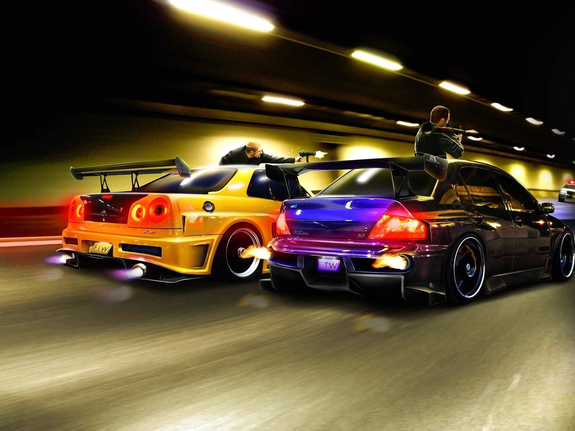 Mans met Gewere in JDM-motors Muurpapier