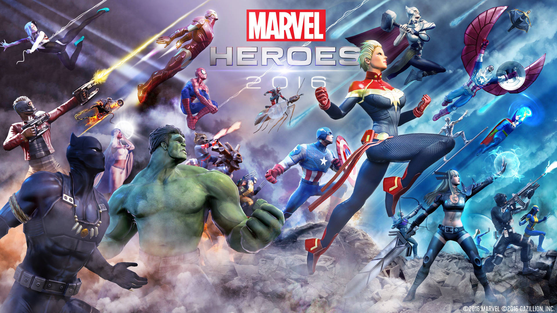 Marvel-superhelde 2016 kyk op terwyl hulle die vyande aanval.