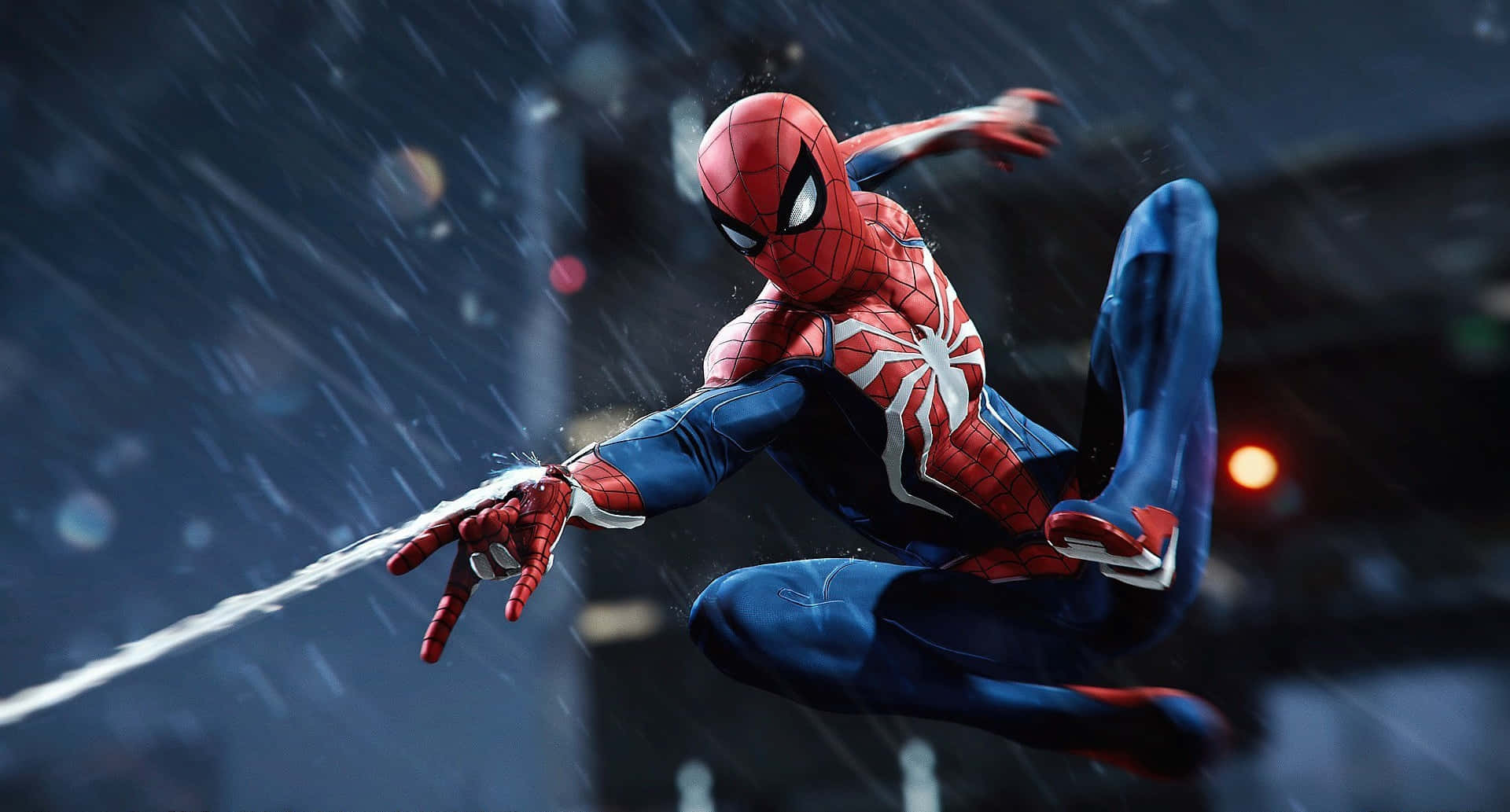 Marvel Ps4 Spiderman Web Skiet in die Reën Muurpapier