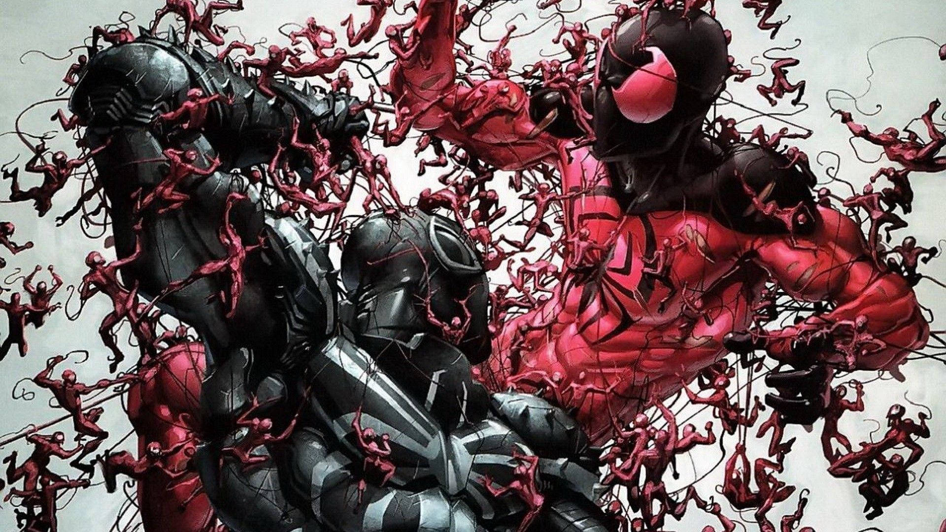 Marvel-superheld Spiderman rooi en swart met klein mannetjies.