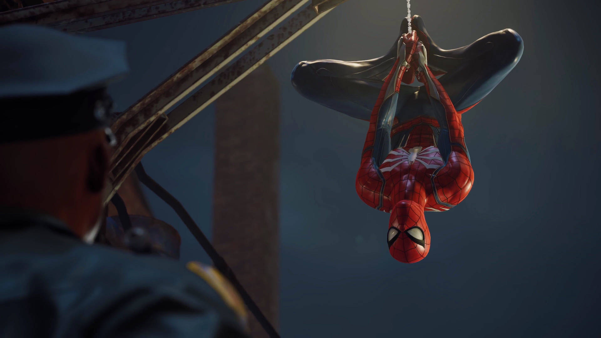 Marvel Spiderman wat onderstebo hang 4K PS4 Muurpapier