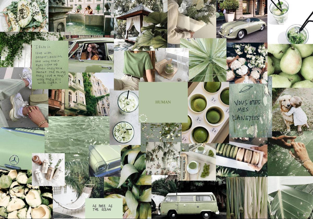 Matte Groen Estetiese Collage Skootrekenaar Muurpapier
