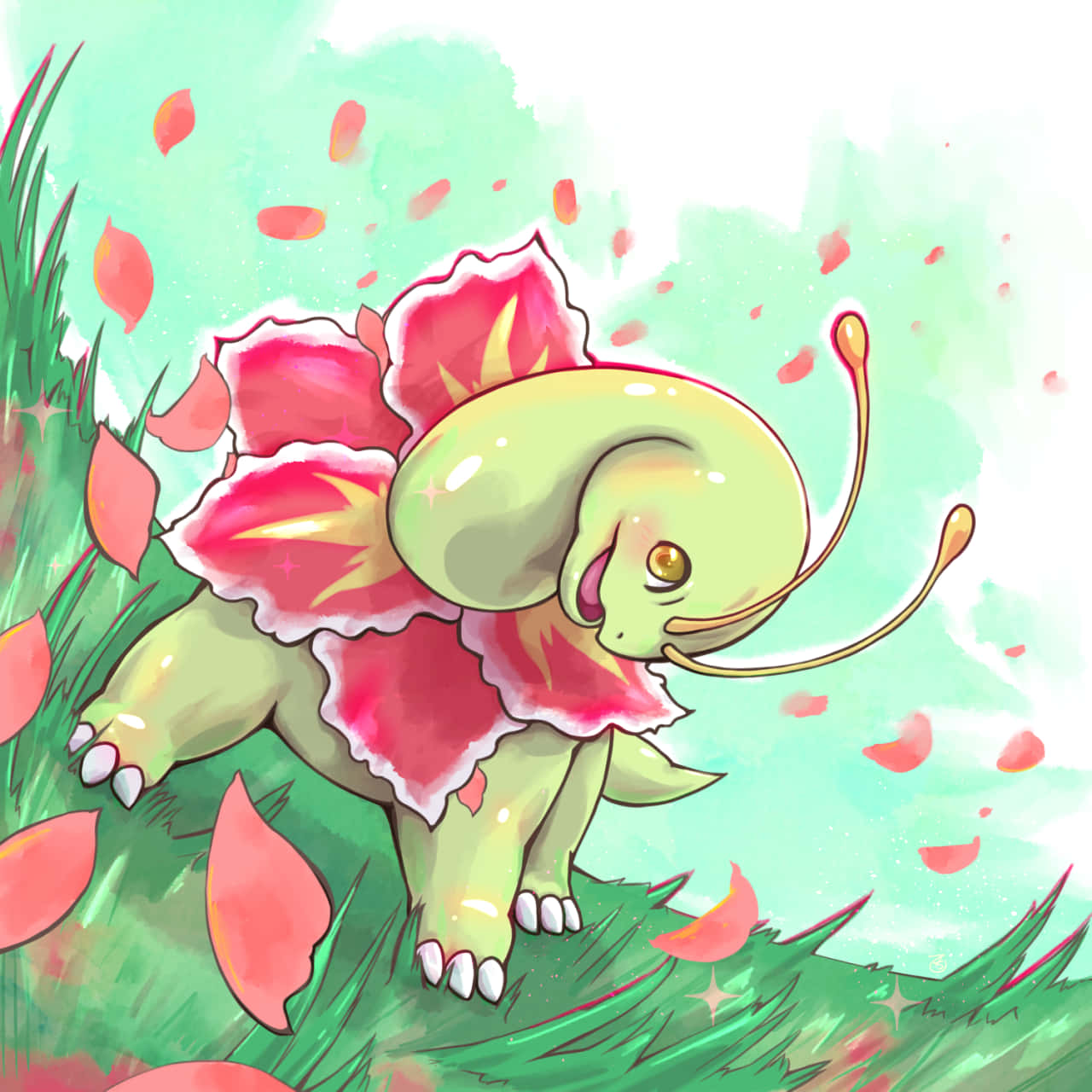 Meganium Pokemon Winderige Dag Illustrasie Muurpapier