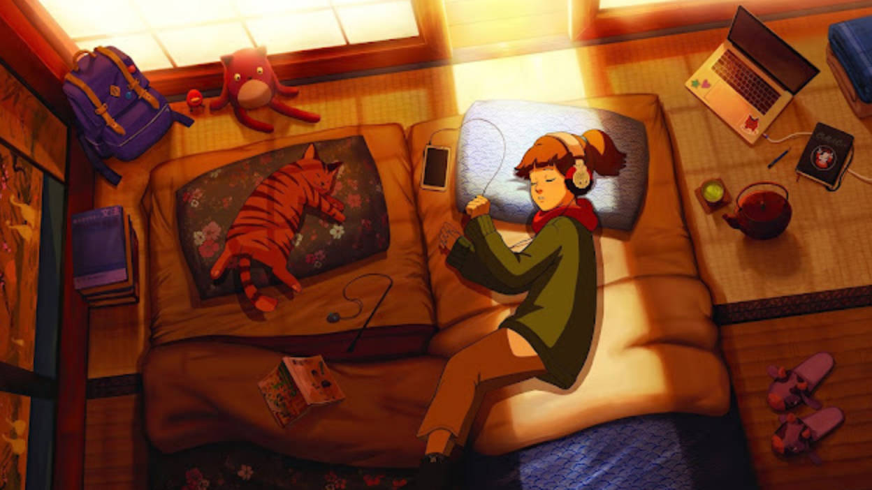 Meisie en Kat 4K Lo Fi Muurpapier