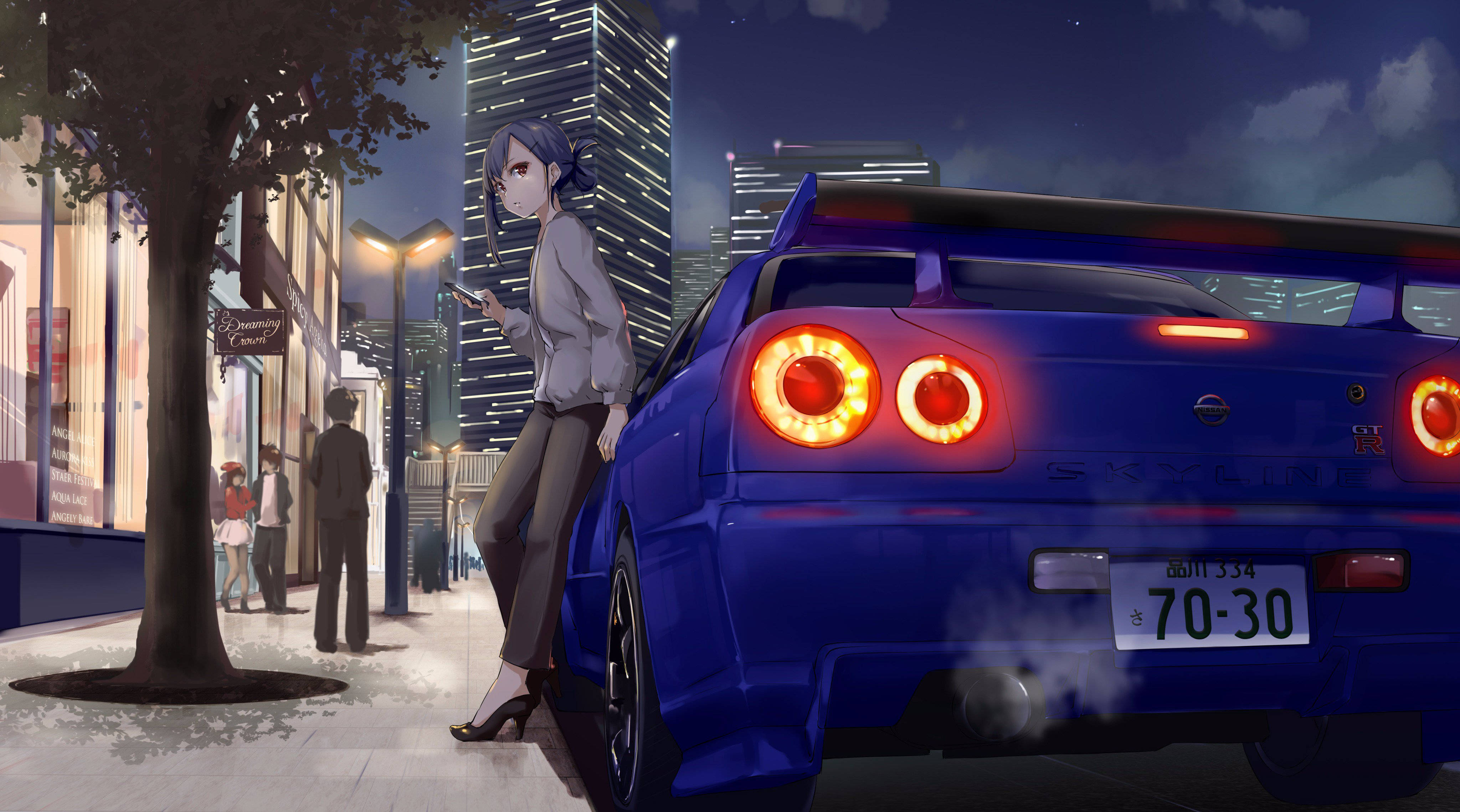 Meisie Leun Op 'n Nissan Skyline Motor Anime Muurpapier