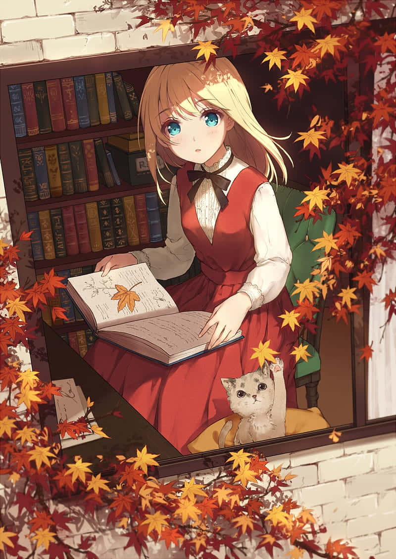 Meisie met Kat en Esdoringblare Herfs Anime Muurpapier