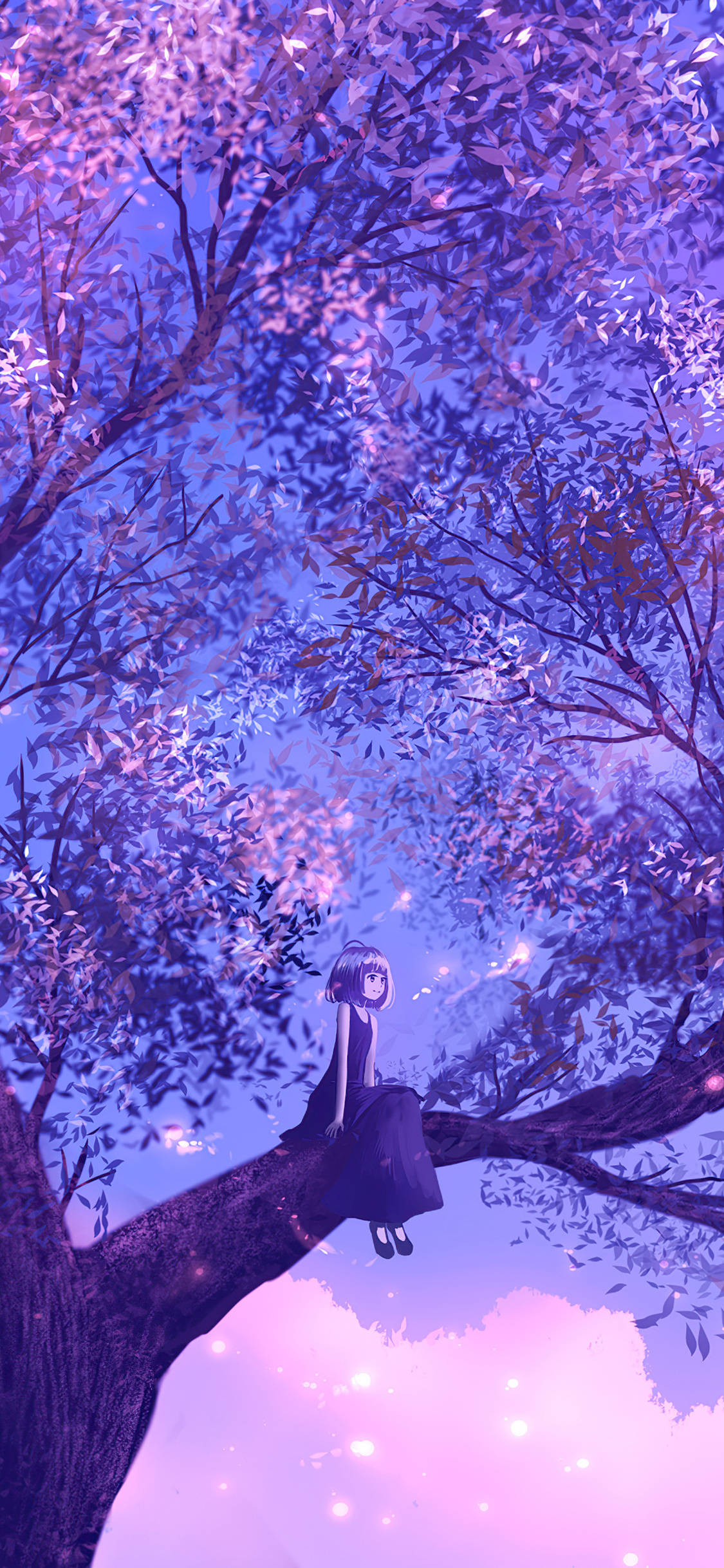 Meisie Op Boom Pers Anime-estetika Muurpapier