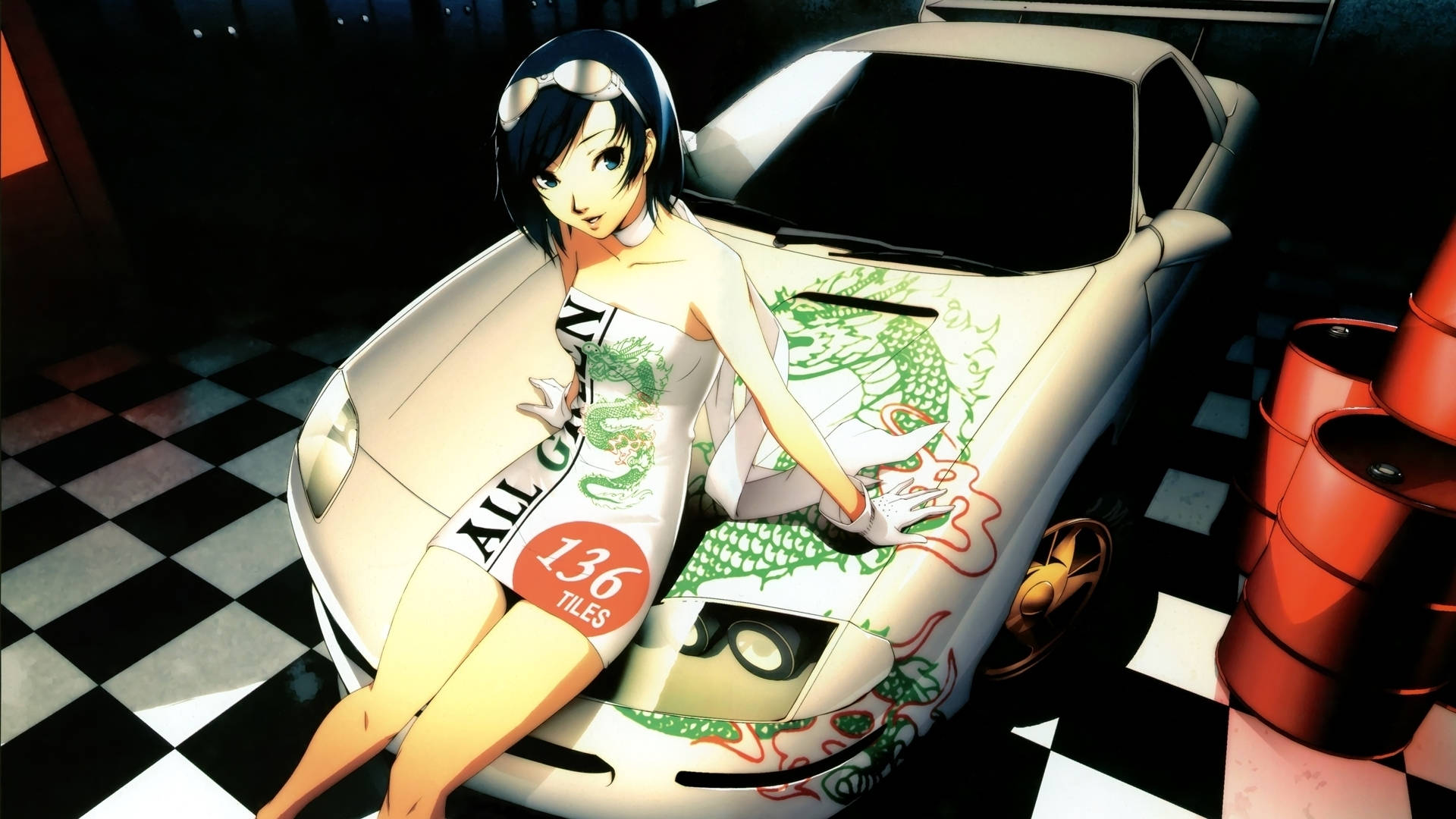 Meisie op die enjinkap van 'n motor - Anime Muurpapier