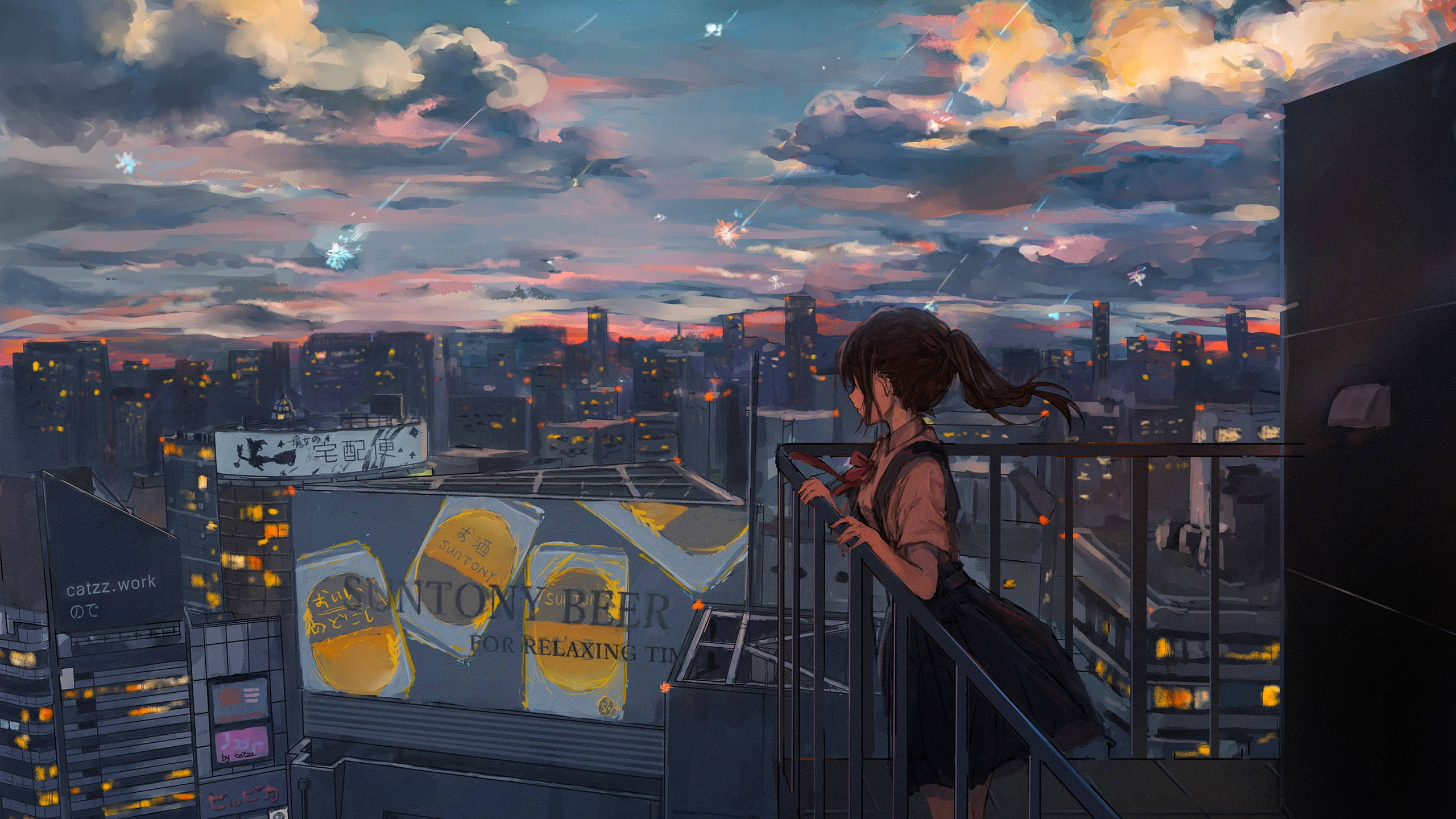 Melancholiese Anime Meisie Op Balkon Muurpapier
