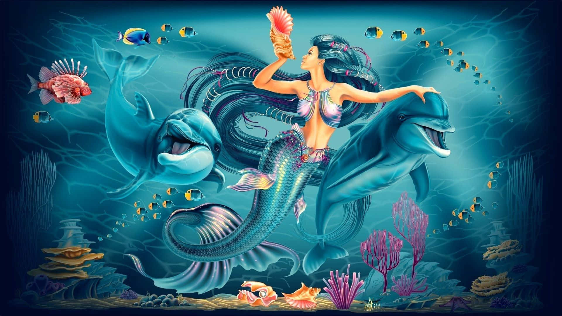 Mermaid Blou Dolfyne Prent Muurpapier