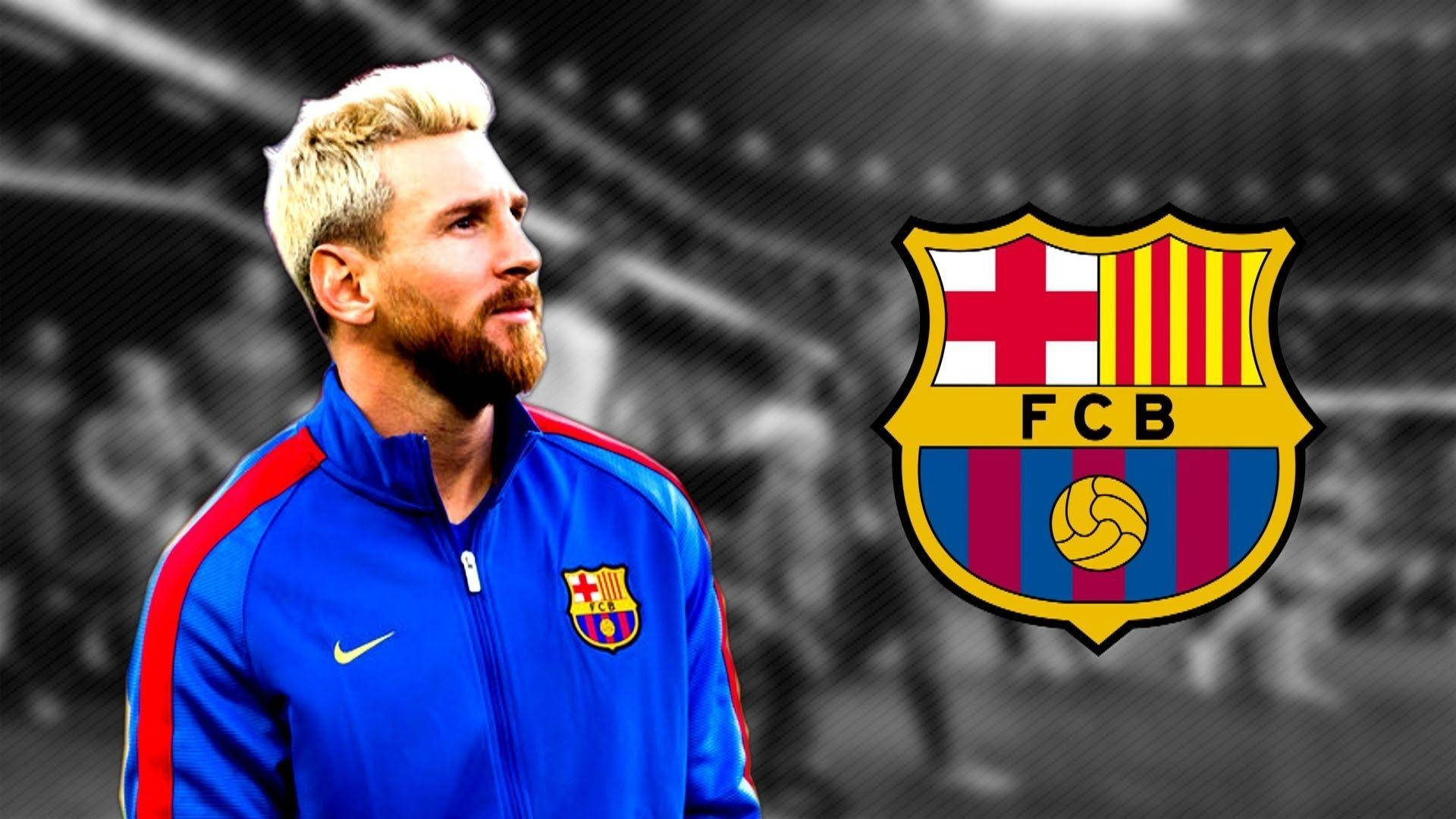 Lionel Messi langs FCB-logo op grysbeeld-wallpaper