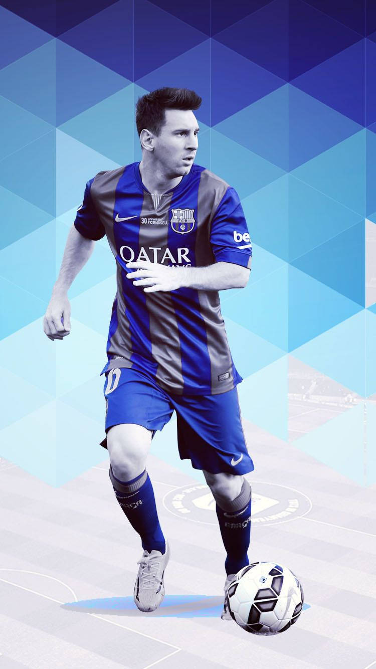 Lionel Messi op blou geometriese kubuspatroon-kunswallpaper