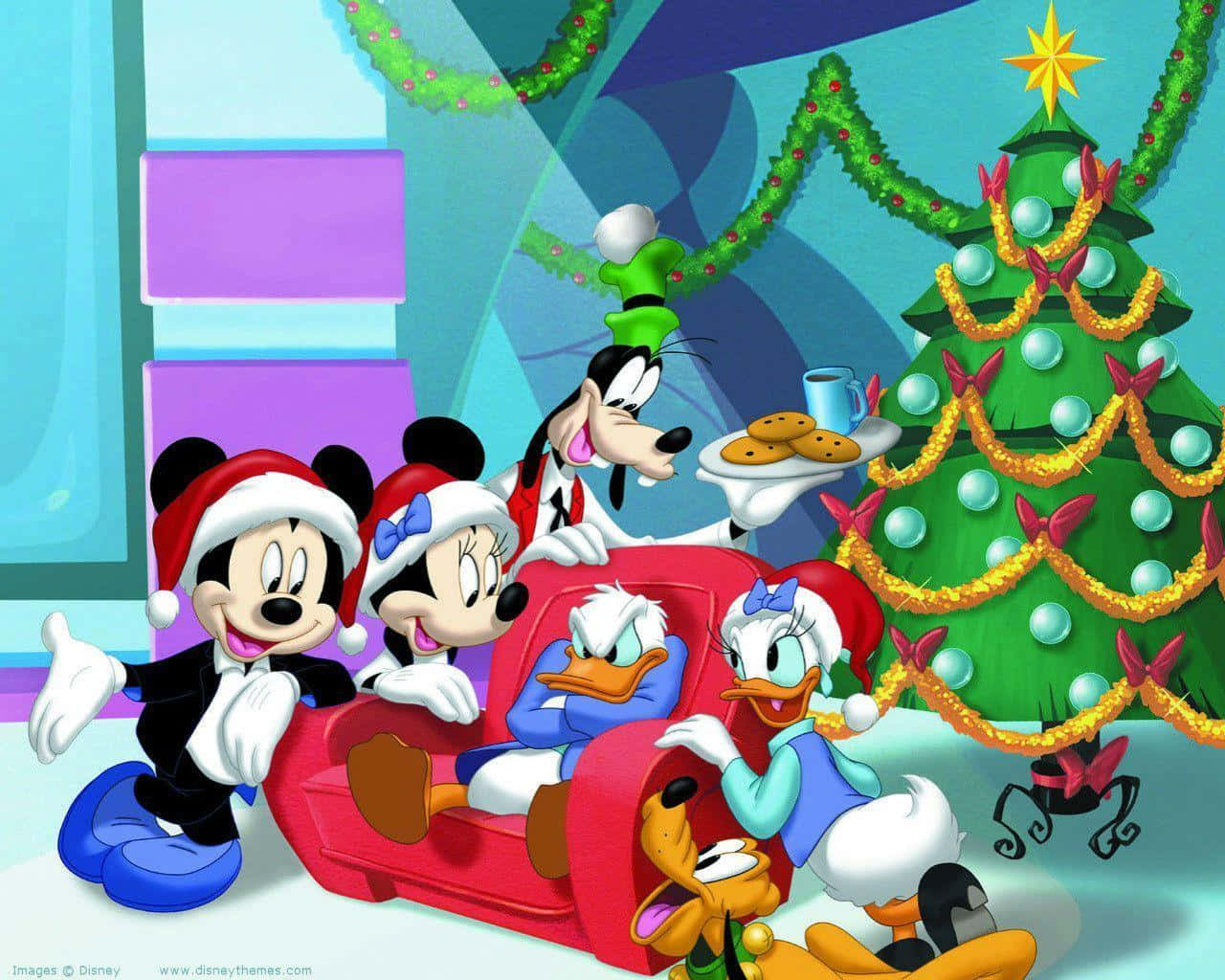 Mickey Mouse en vriende om 'n Kersboom Muurpapier