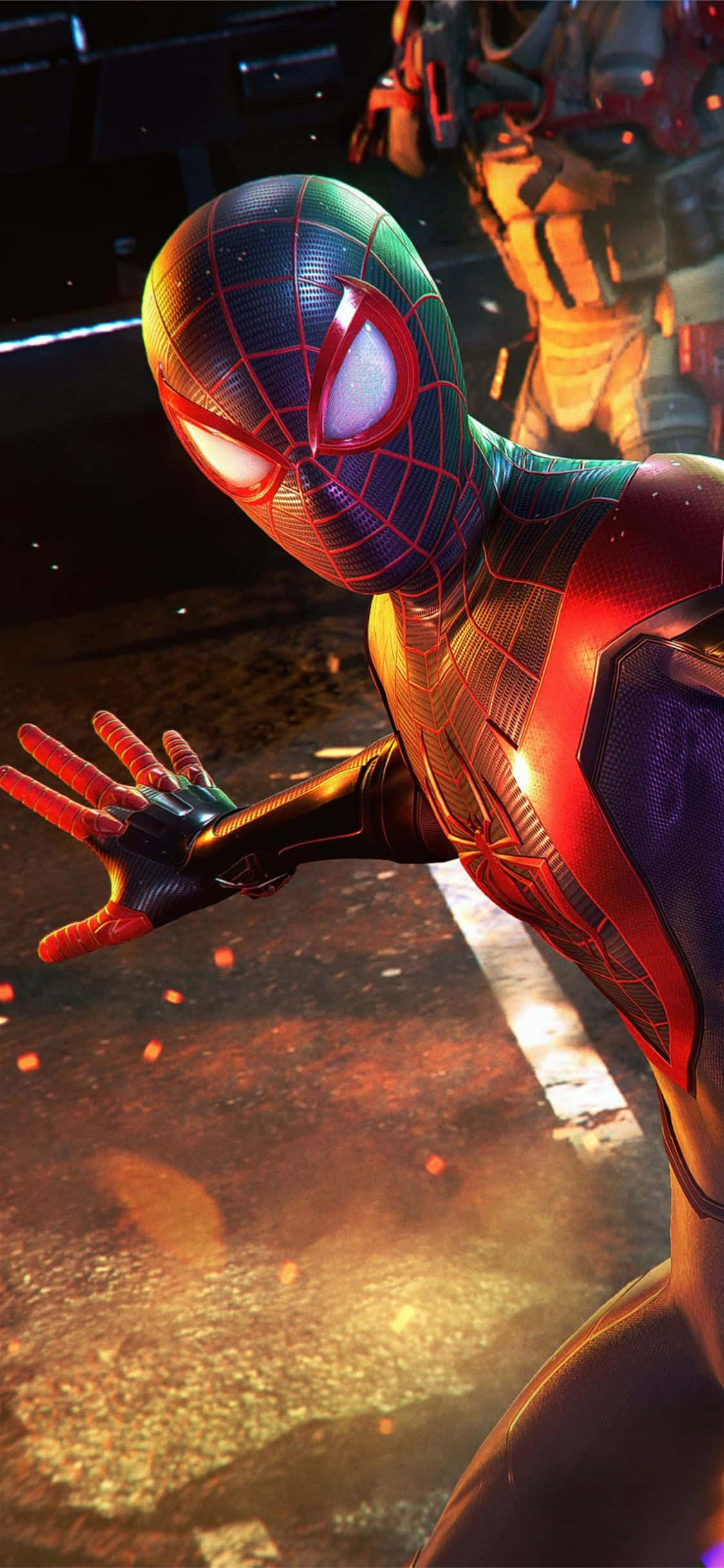 Miles Morales wat op sy iPhone in aksie spring Muurpapier