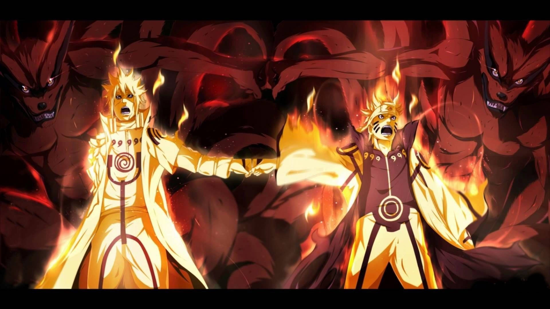 Minato en Naruto in Bijuu-modus Skoonbladsy Muurpapier