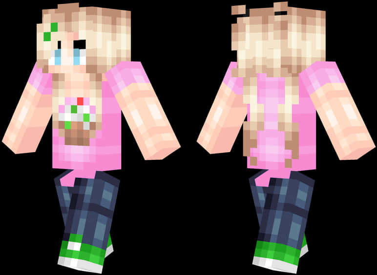 Minecraft Vel Girl met Pienk Bostuk en Blou Jeans Muurpapier