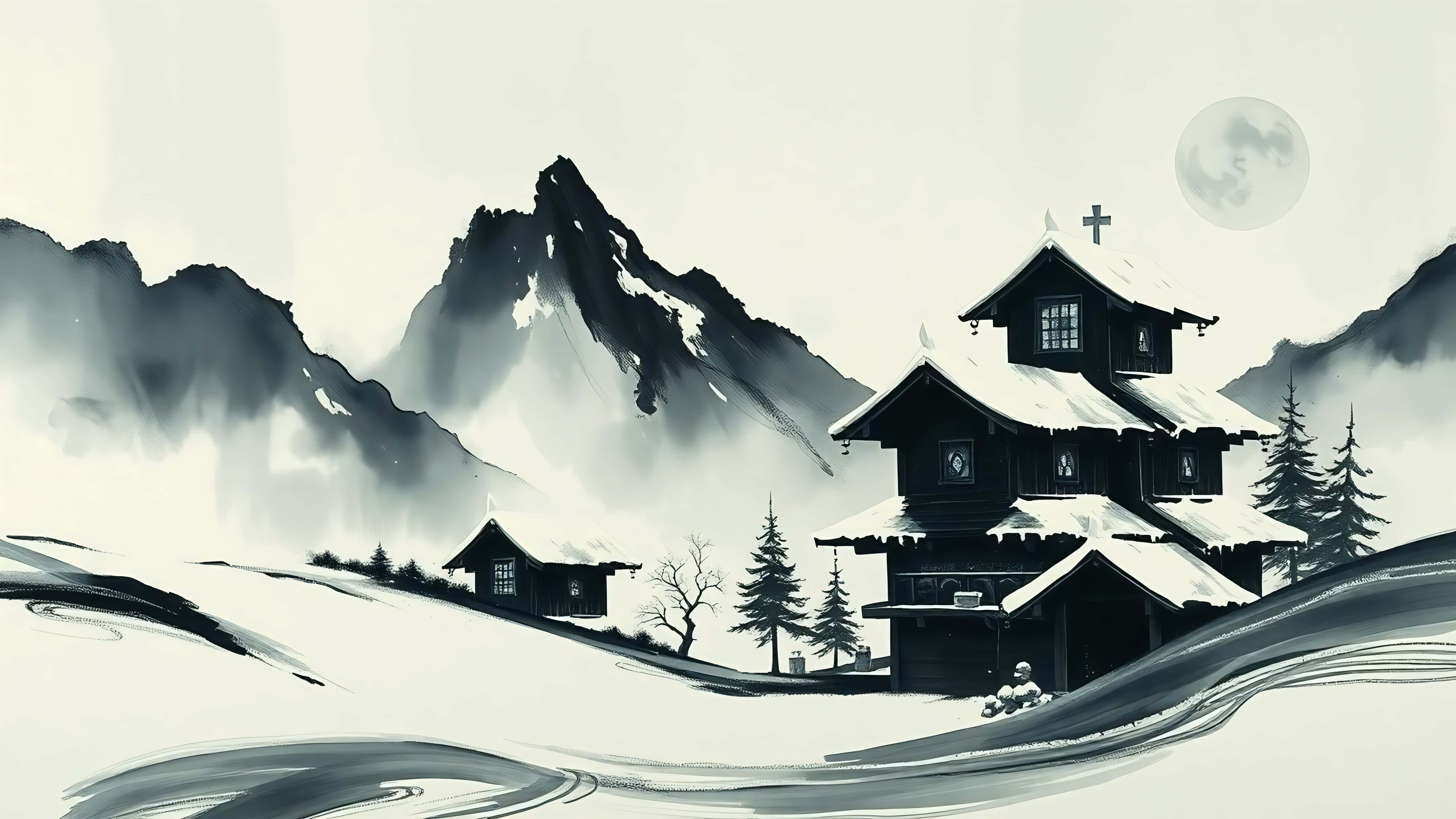 Minimalistiese inkwas Winterdorplandskap Muurpapier